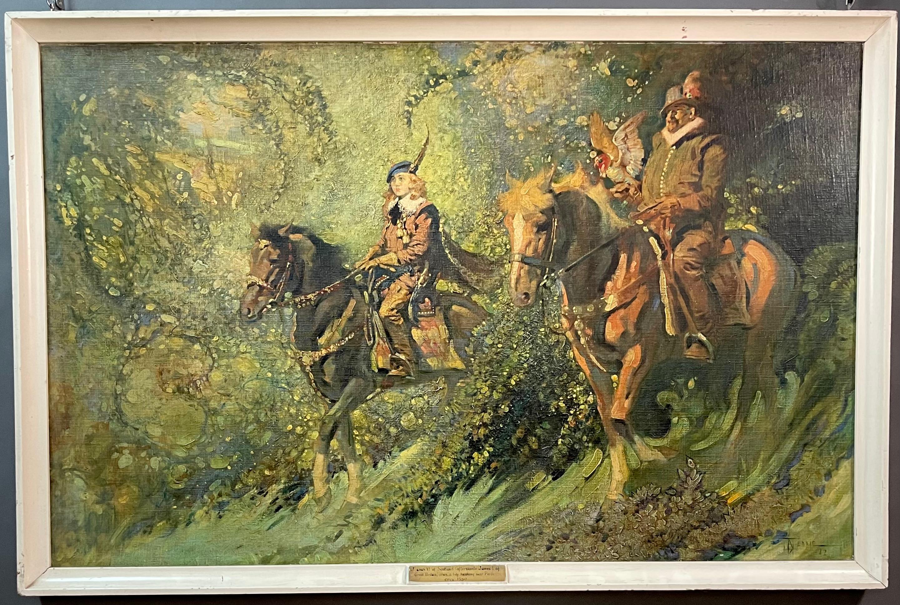 Coppia di importanti dipinti firmati e datati dal grande artista inglese Thomas Hutchinson Peddie (1871-1954).
Un dipinto raffigura James VI di Scozia durante una scena di caccia al falco vicino a Perth nel 1580.
L'altra Maria Regina di Scozia nella