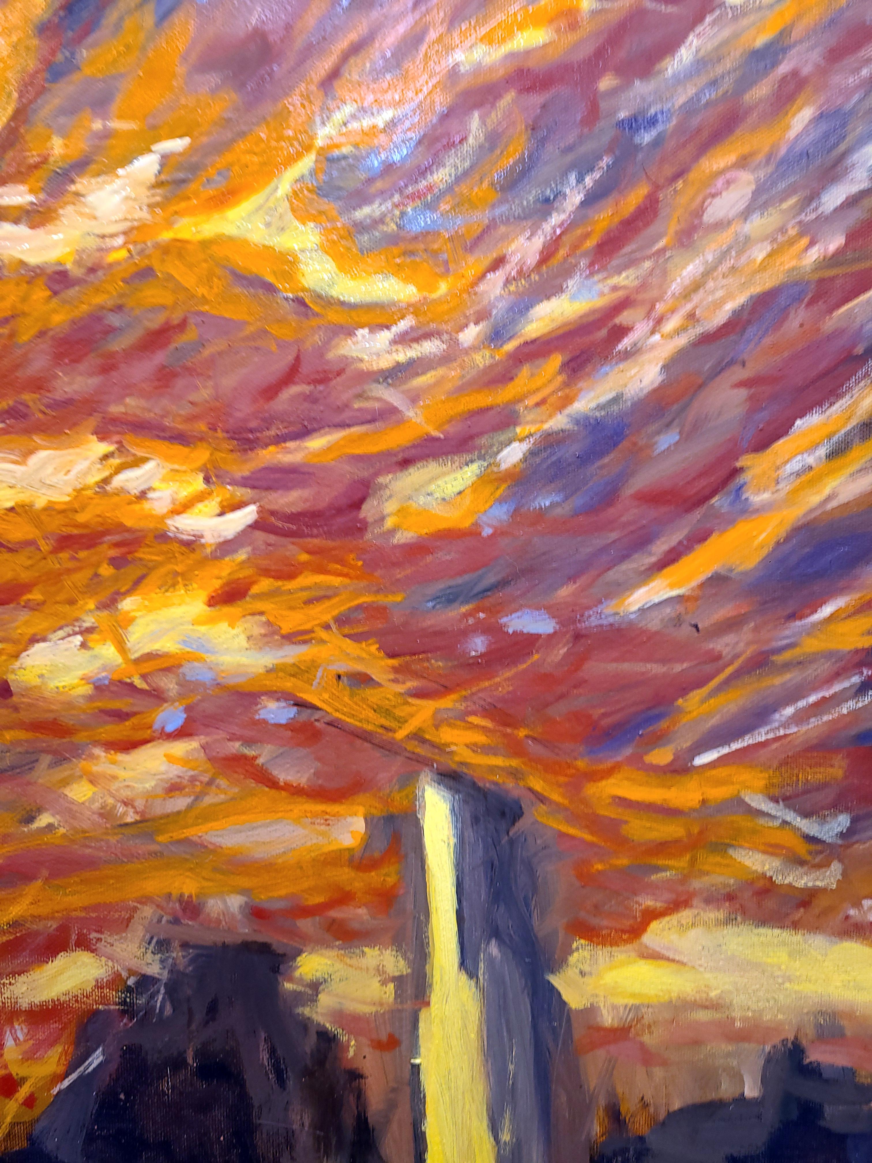 Brooklyn Blaze 1986 - Brown Landscape Painting by Tom Irizarry Studio