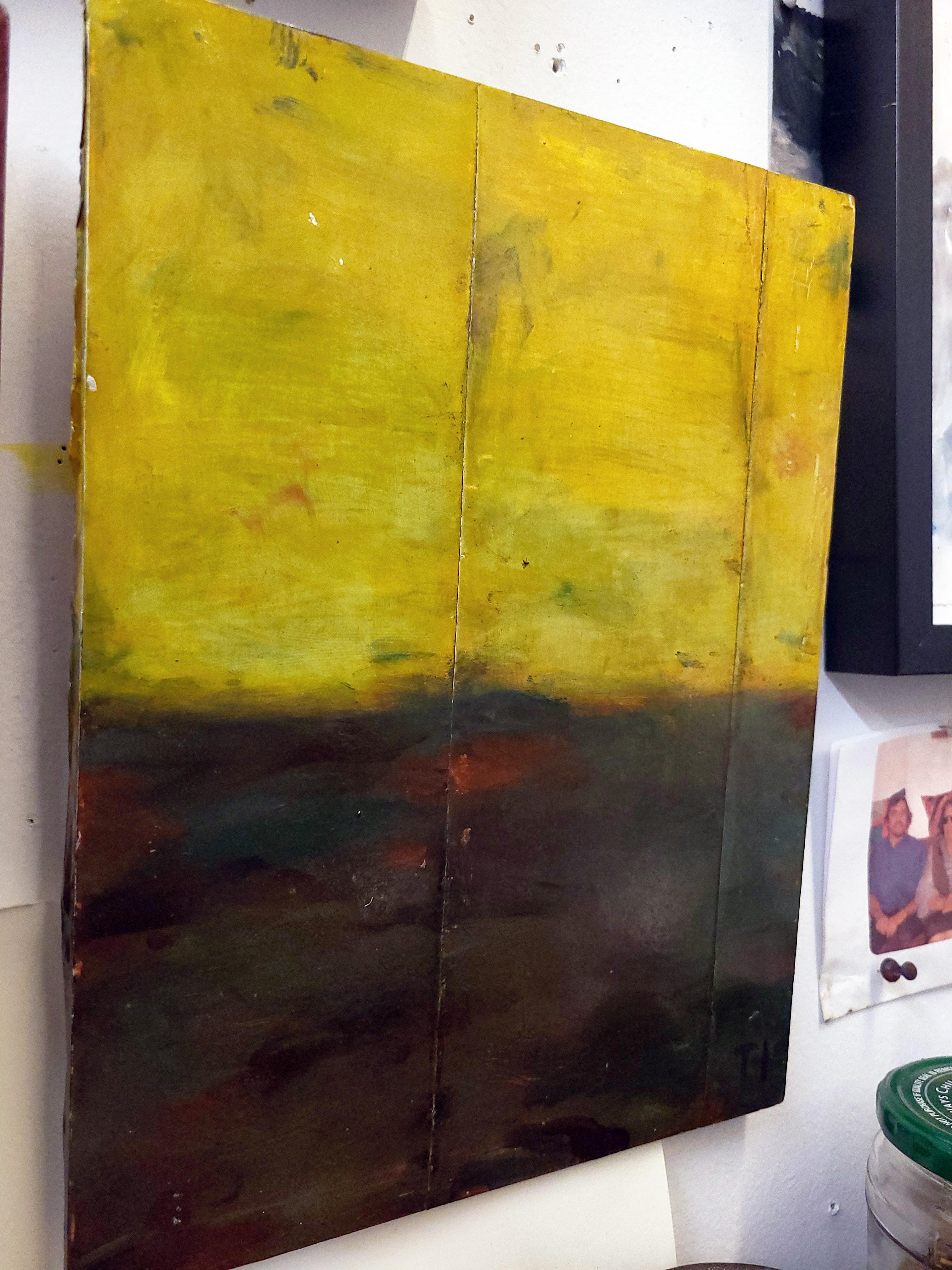 Dipinto su pannello, questo pezzo risale agli anni '90 quando ho creato una collezione di piccoli dipinti su pannello. Relic of a Sunken Day mostra strati di smalti a olio su alluminio su pannello che creano un'intrigante luce satura. Il titolo