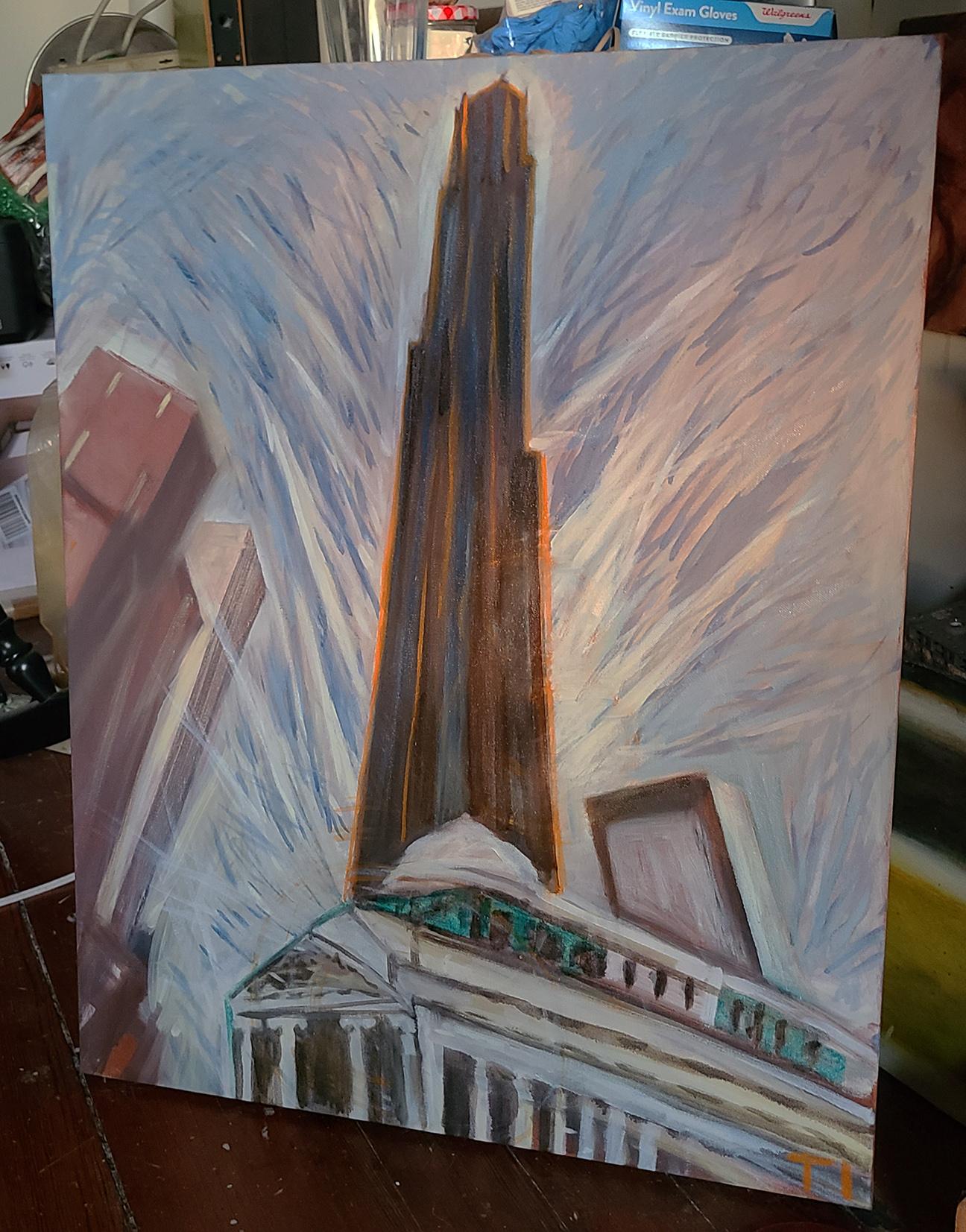 The Brooklyn Tower looms over the city as the tallest building in Brooklyn at 74 stories high.  A dramatic new addition to the Brooklyn skyline in 2022, it is depicted shooting up behind the Dime Savings Bank (built 1908), like a dark monolith. The