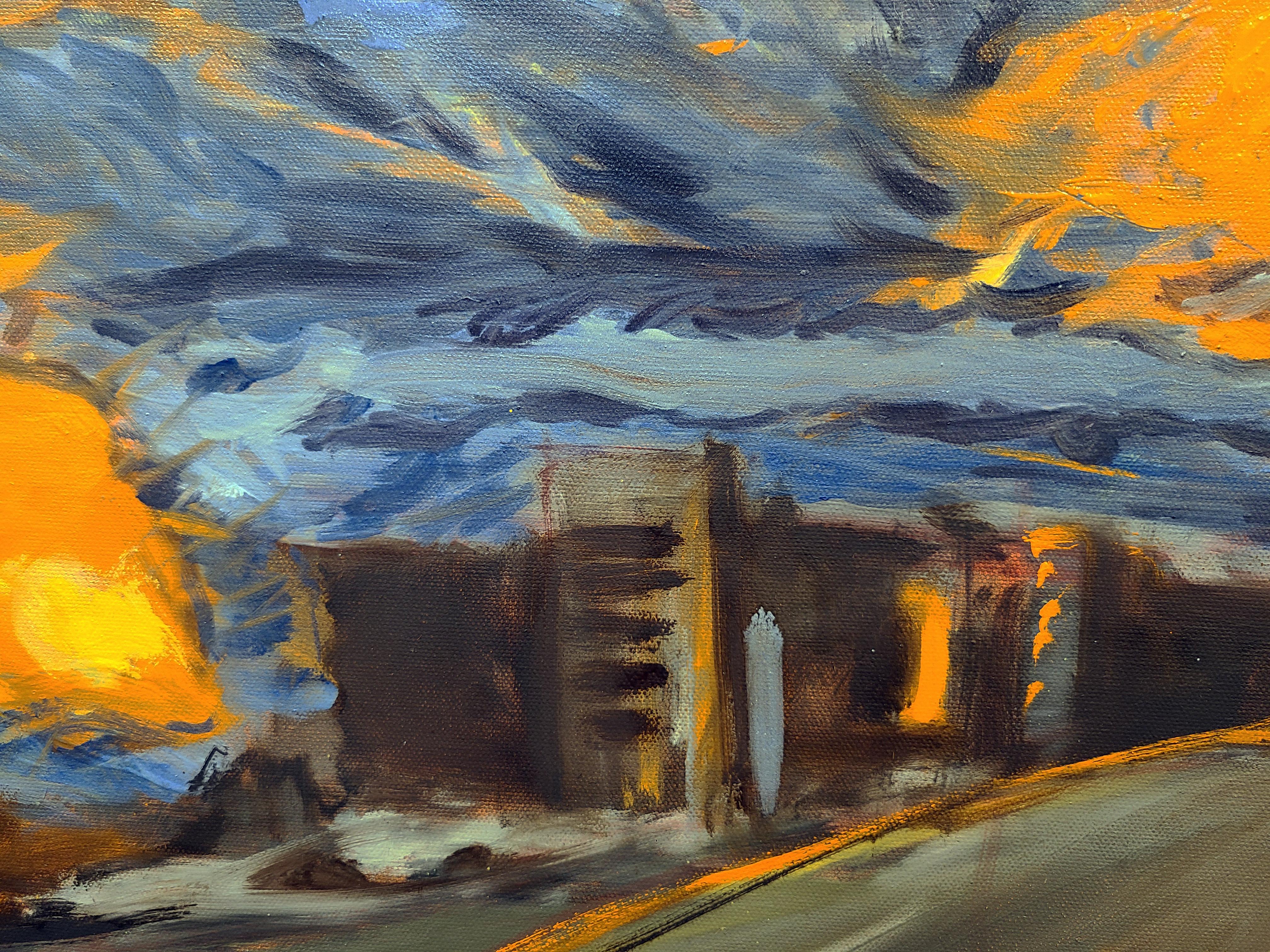 Western Avenue è una strada principale che corre a nord e a sud di Chicago. Attraversa una moltitudine di quartieri, i più diversi che tu possa immaginare. Il dipinto cattura l'interpretazione dell'artista di un tramonto nel tardo pomeriggio di