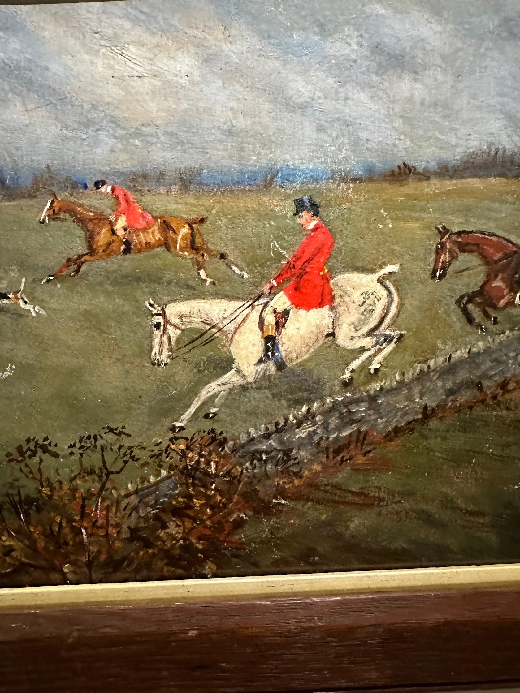 Antique English Fox hunting scene with huntsman jumping with hounds in a field - Painting by Tom Ivester Lloyd