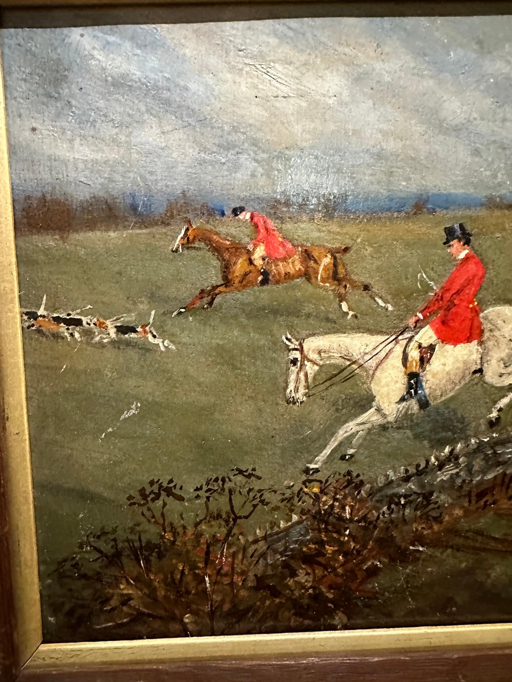 Antike englische Fuchs- Jagdszene mit Jagdmann, der mit Hunden auf einem Feld springt (Viktorianisch), Painting, von Tom Ivester Lloyd