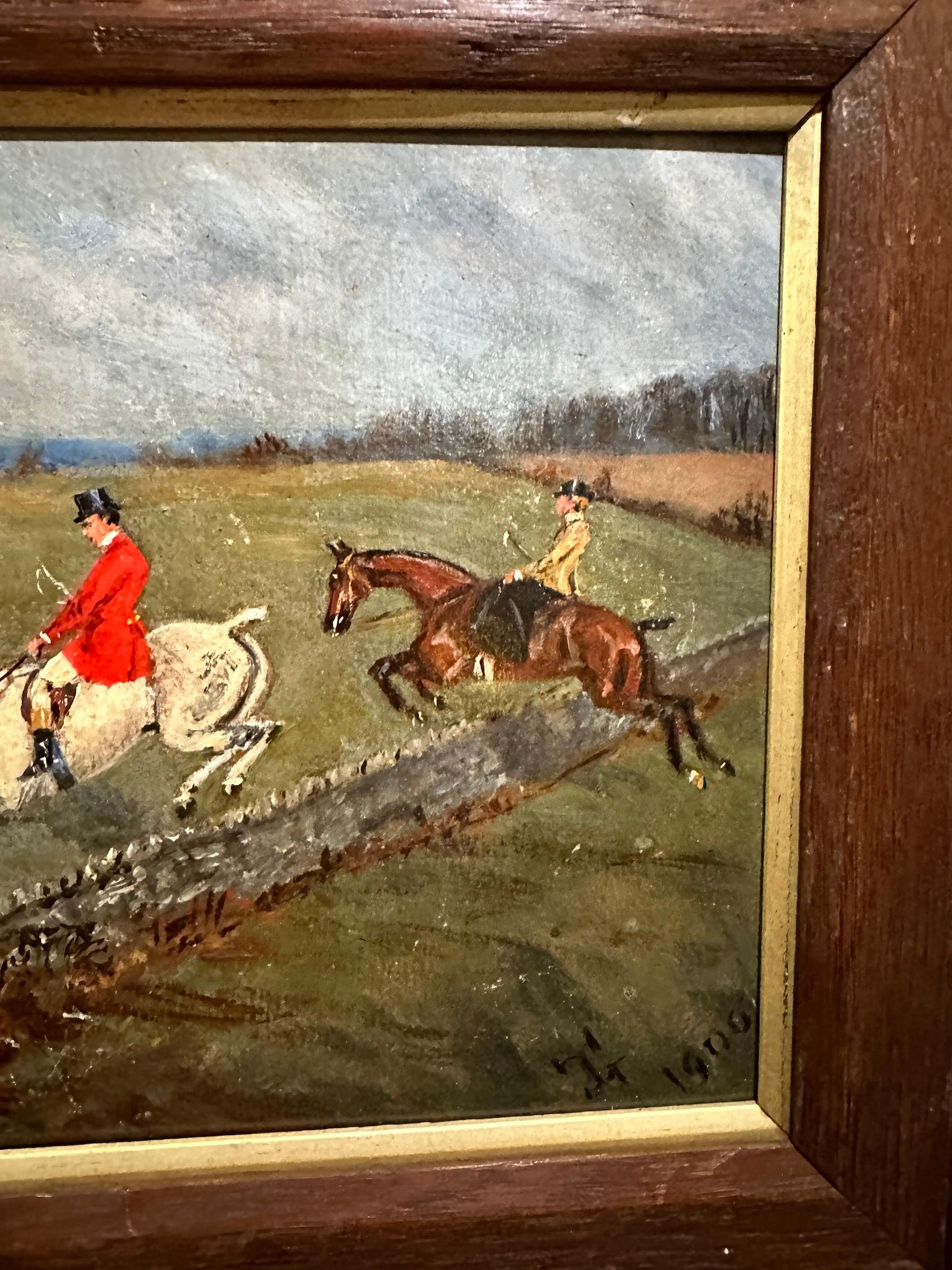 Antike englische Fuchs- Jagdszene mit Jagdmann, der mit Hunden auf einem Feld springt (Braun), Figurative Painting, von Tom Ivester Lloyd