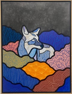 Coyote At Night, Contemporary Landscape Painting, Mixed Media on Canvas, Animal