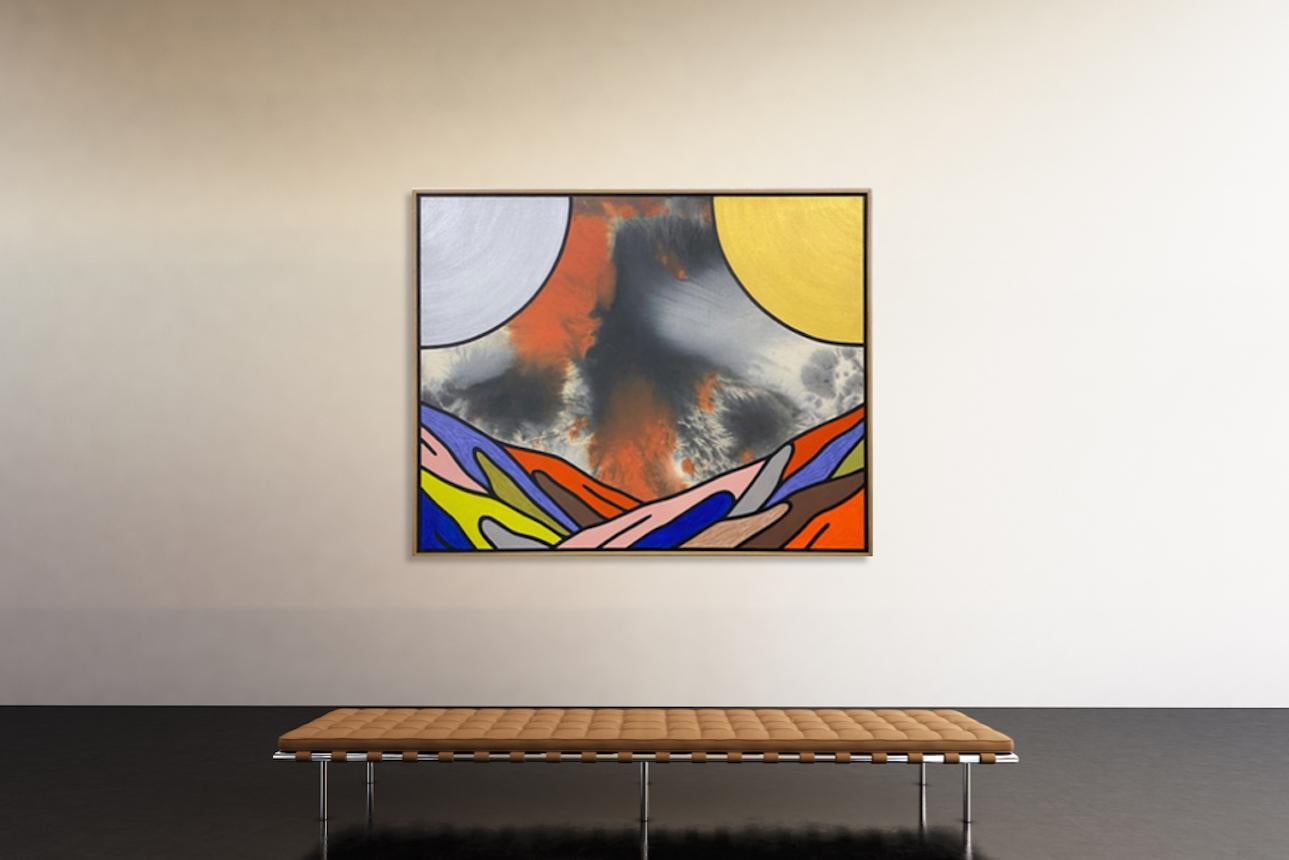 A 2022 contemporary landscape painting by Tom Jean Webb, measuring 48 inches tall and 60 inches wide. This unique painting comes framed, signed by the artist, and includes a certificate of authenticity issued by the gallery. 

Webb is interested in