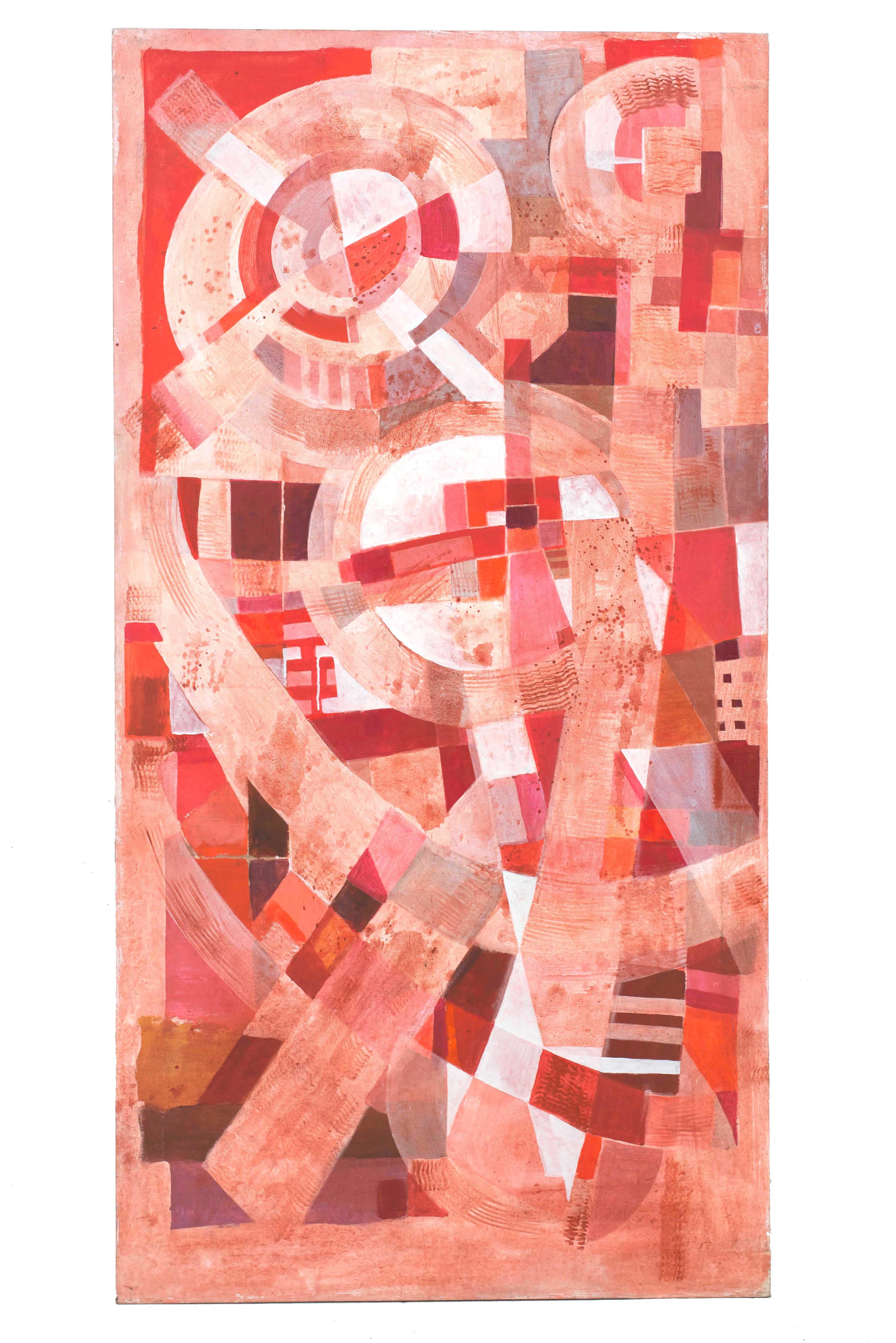 Ensemble de 3 tableaux abstraits contemporains (triptyque) à la gouache sur toile rectangulaire dans les tons de rose, rouge et blanc. (TOM JOHN, 2010).
     