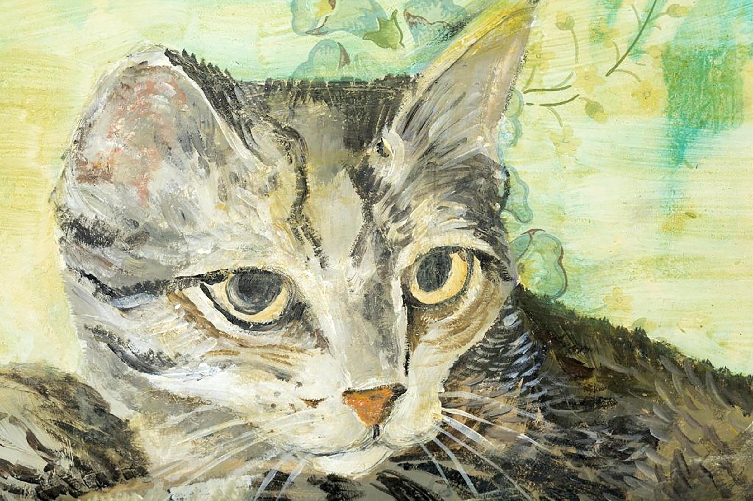 Casey the Cat, einzigartiges Gemälde in Acryl-Mischtechnik und Metalltier ( Katze), signiert (Realismus), Art, von Tom Judd