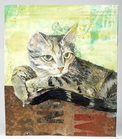 Casey the Cat, unique acrylic, mixed media and metal animal (cat) painting 