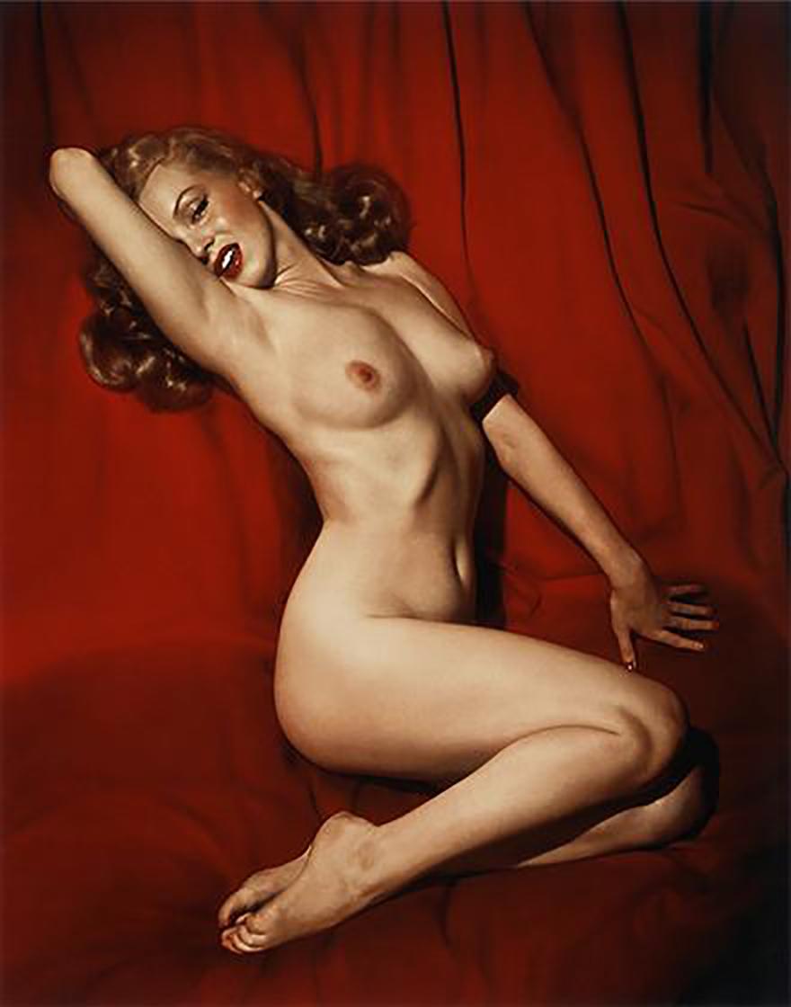 Unknown Color Photograph - Marilyn Monroe on "Red Velvet" Playboy Legacy Collection - Signed by Hugh Hefner