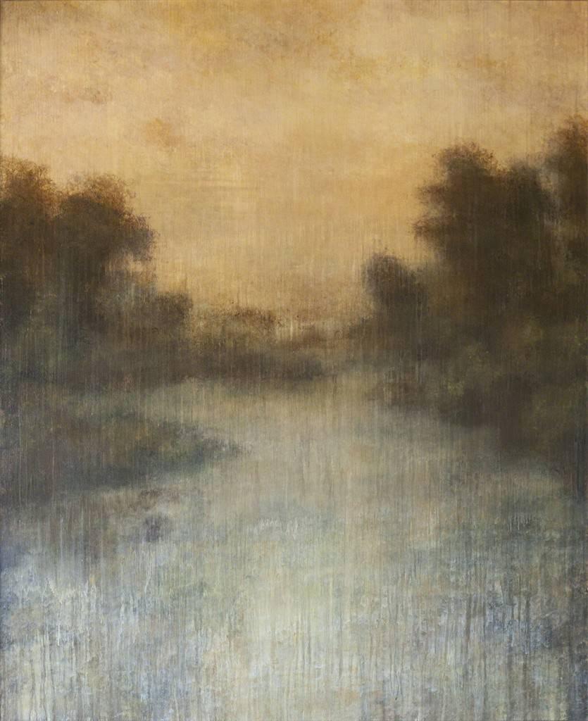 Landscape painting by California artist Tom Leaver entitled "Differences in Contrast." This work depicts an abstracted riverscape framed on either side by green foliage and set against a golden sky. "Differences in Contrast" juxtaposes a rich