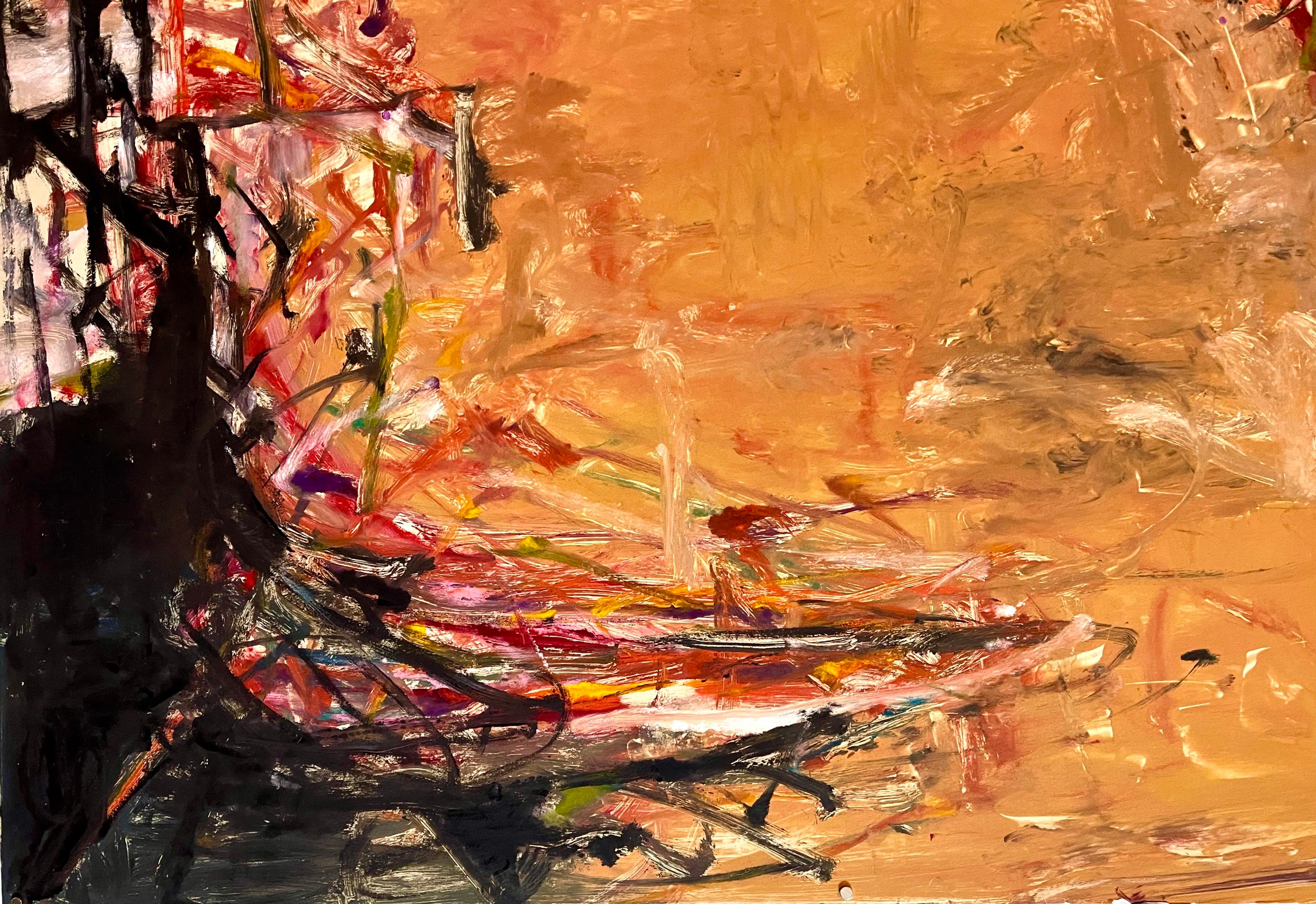 Grande peinture à l'huile monotype expressionniste abstraite en couleur de Tom Lieber - Techniques mixtes en vente 1
