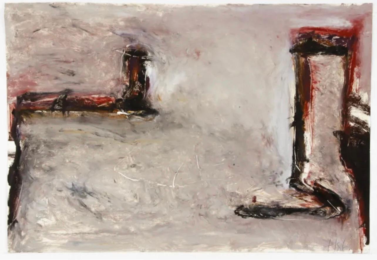 Tom Alan Lieber, (Américain, né en 1949), 
GTW TL-11 1986, 
Huile et techniques mixtes sur papier, 
30,25 x 44 pouces, 
Signé à la main et daté en bas à droite 
Provenance : Atelier Garner Tullis, N.Y.

Une audace et une beauté en rouge, or, noir et