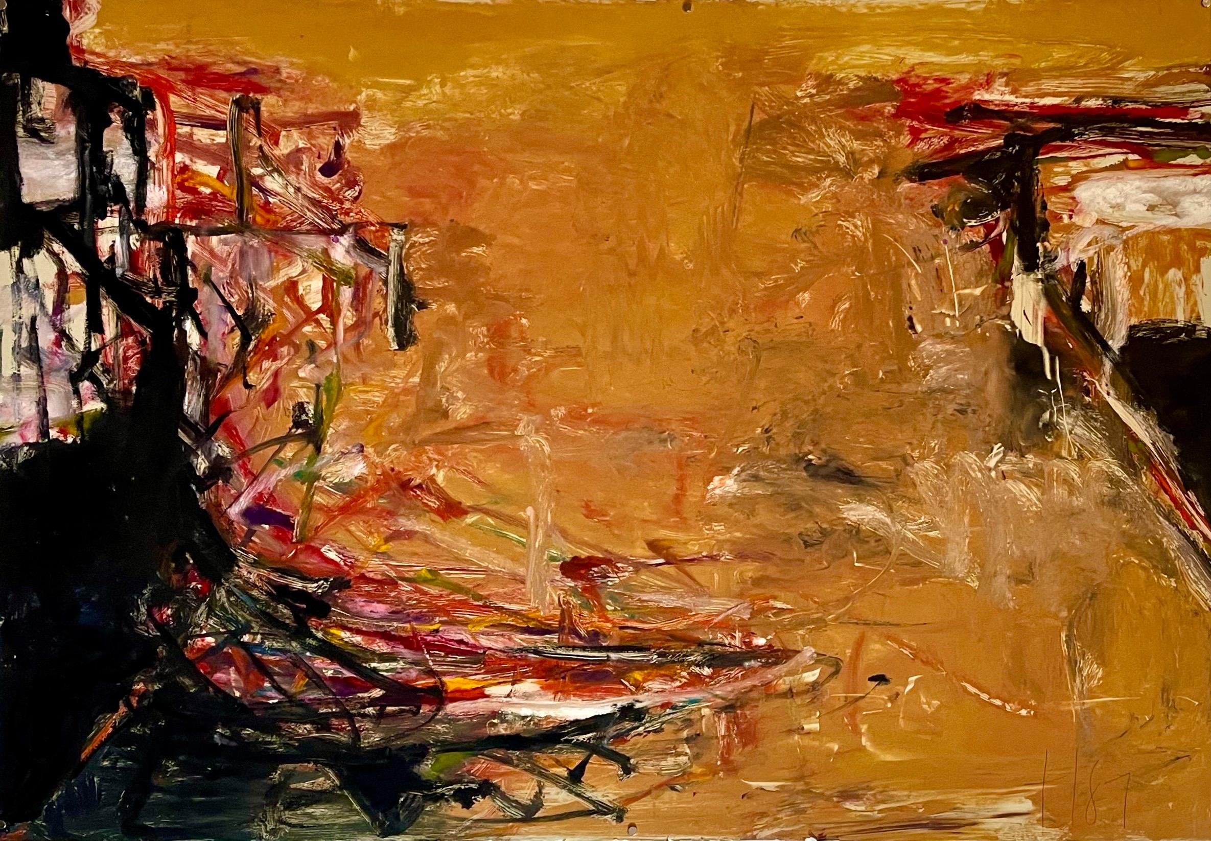 Gran Pintura al Óleo Monotipo Expresionista Abstracto en Color Tom Lieber Técnica Mixta