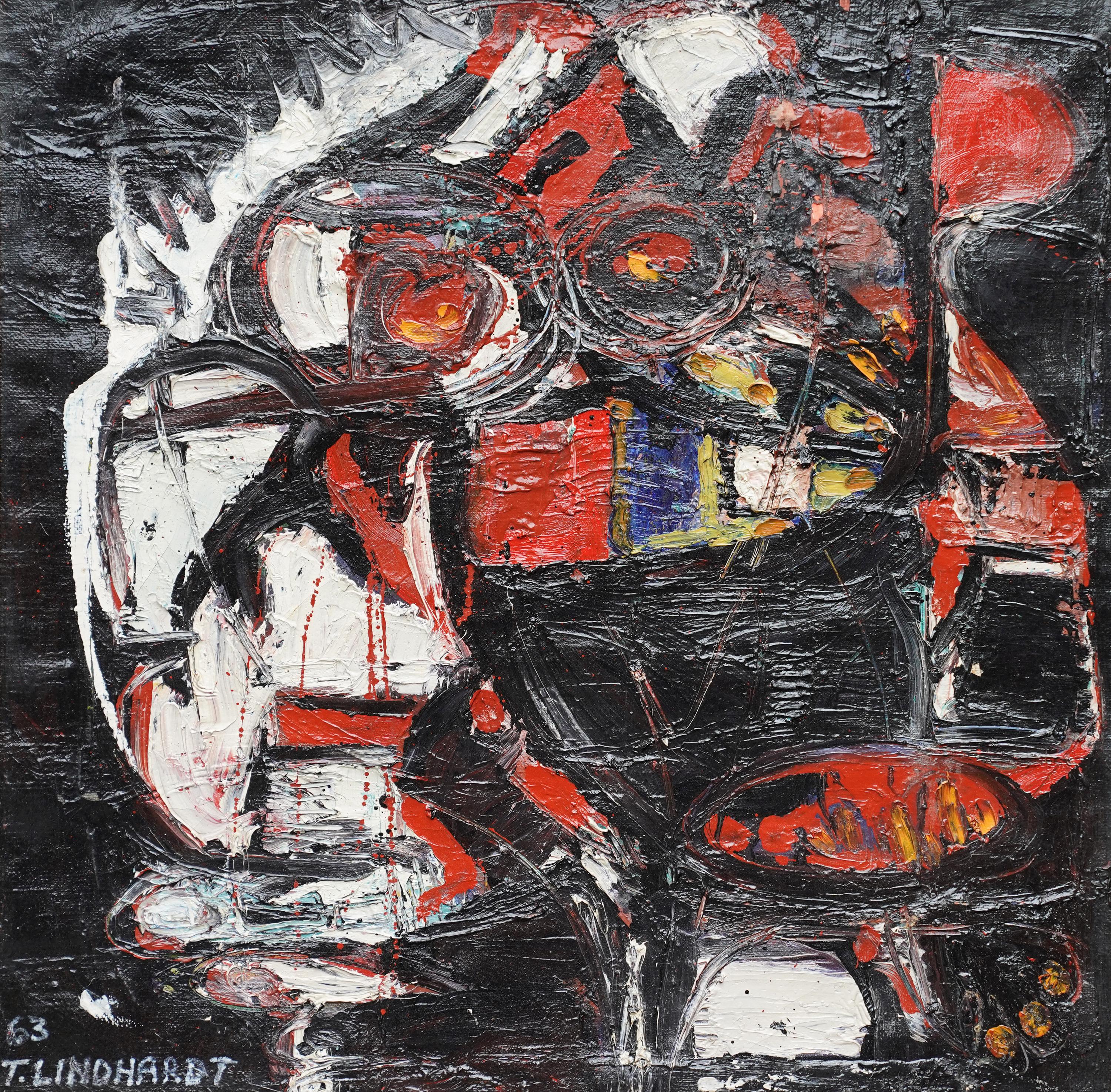 Composizione astratta - Arte astratta danese COBRA 1963 pittura ad olio rosso nero - Painting di Tom Lindhardt