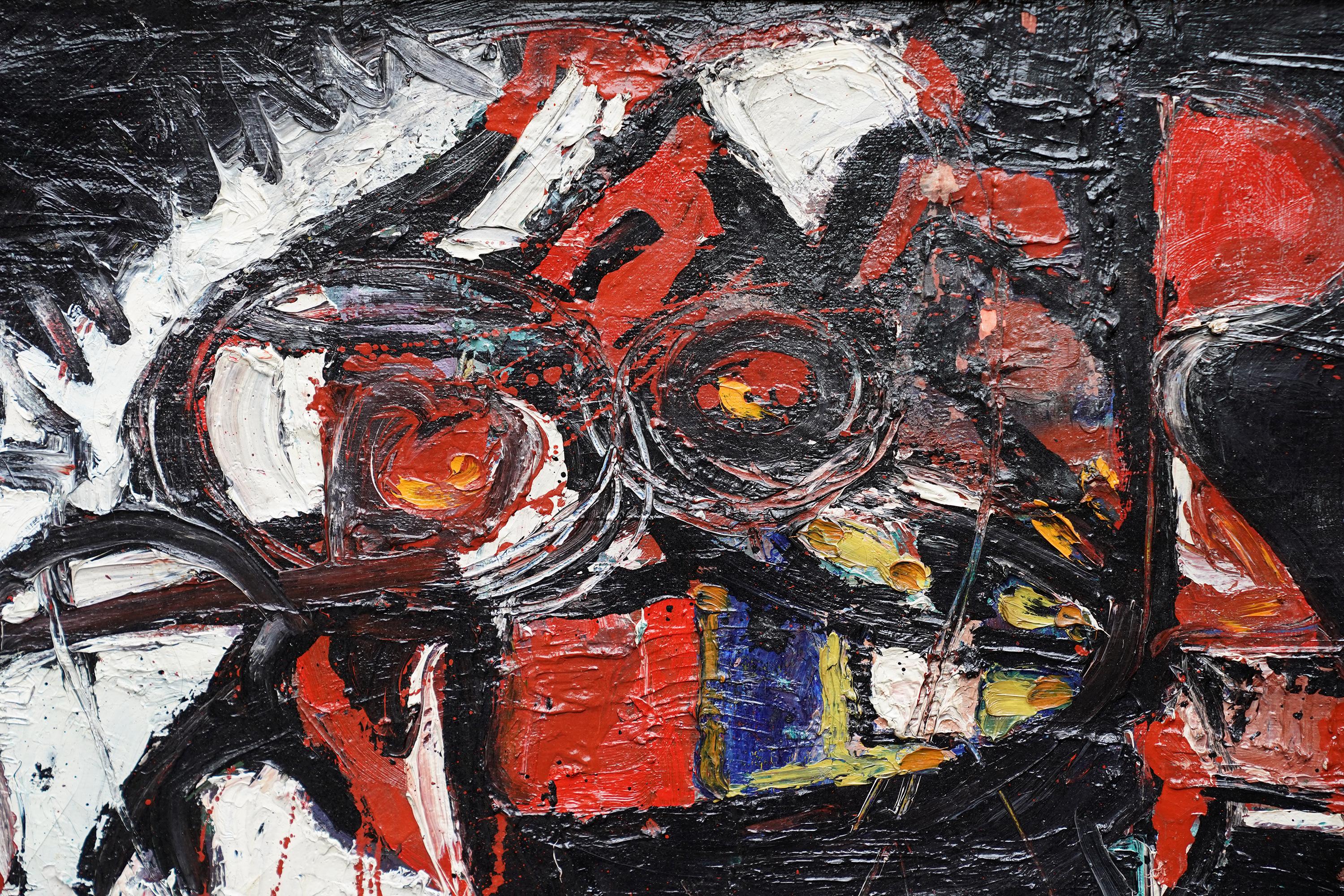 Composizione astratta - Arte astratta danese COBRA 1963 pittura ad olio rosso nero - Painting Astratto di Tom Lindhardt