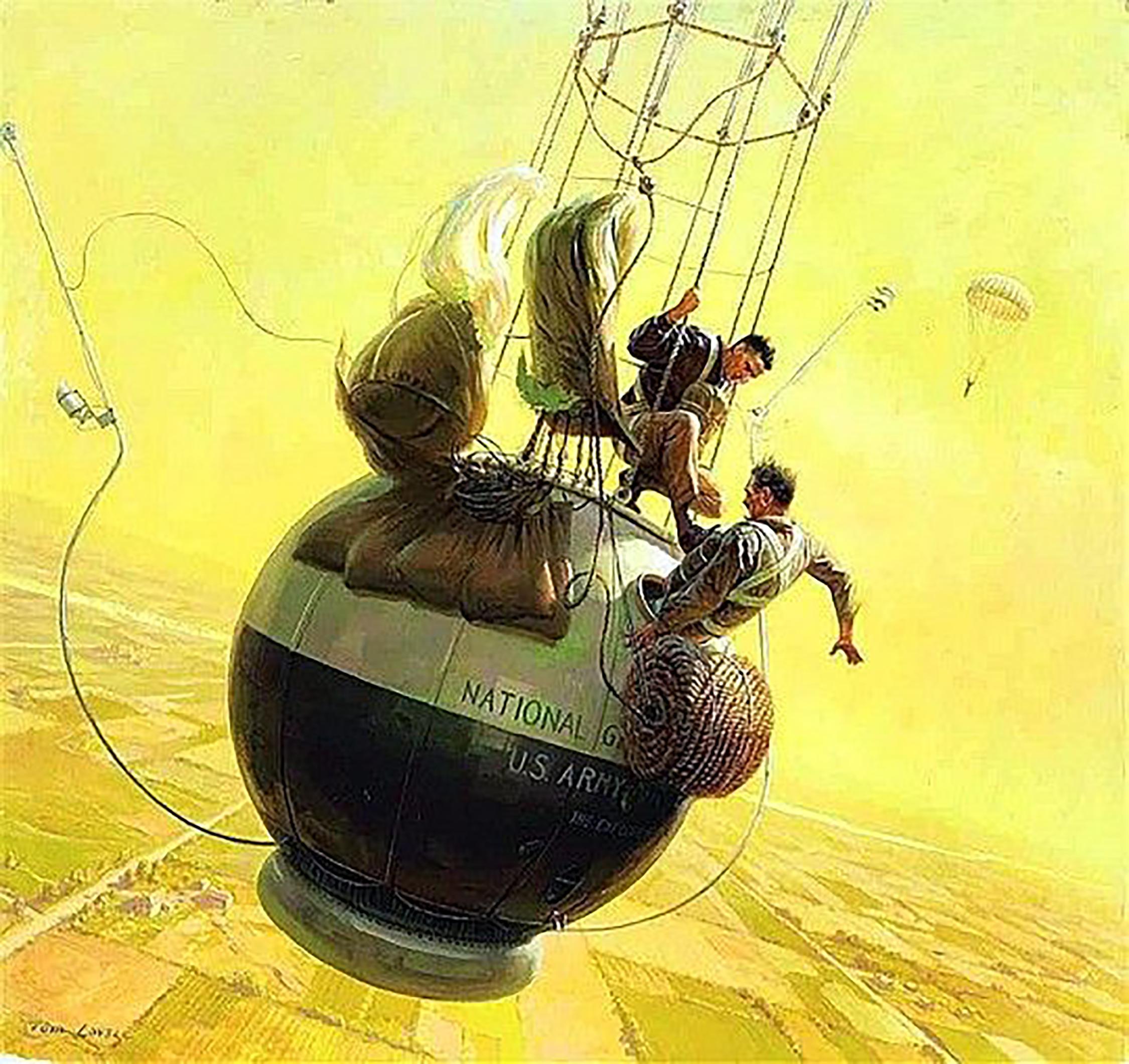 Tom Lovell Figurative Painting - Balloonists Struggle to Escape a Doomed Gondola