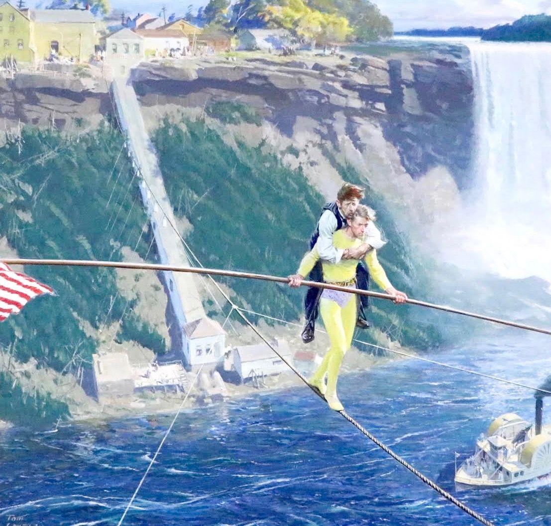 Tom Lovell Figurative Painting –  Blonder Blondin Crossing Niagara 