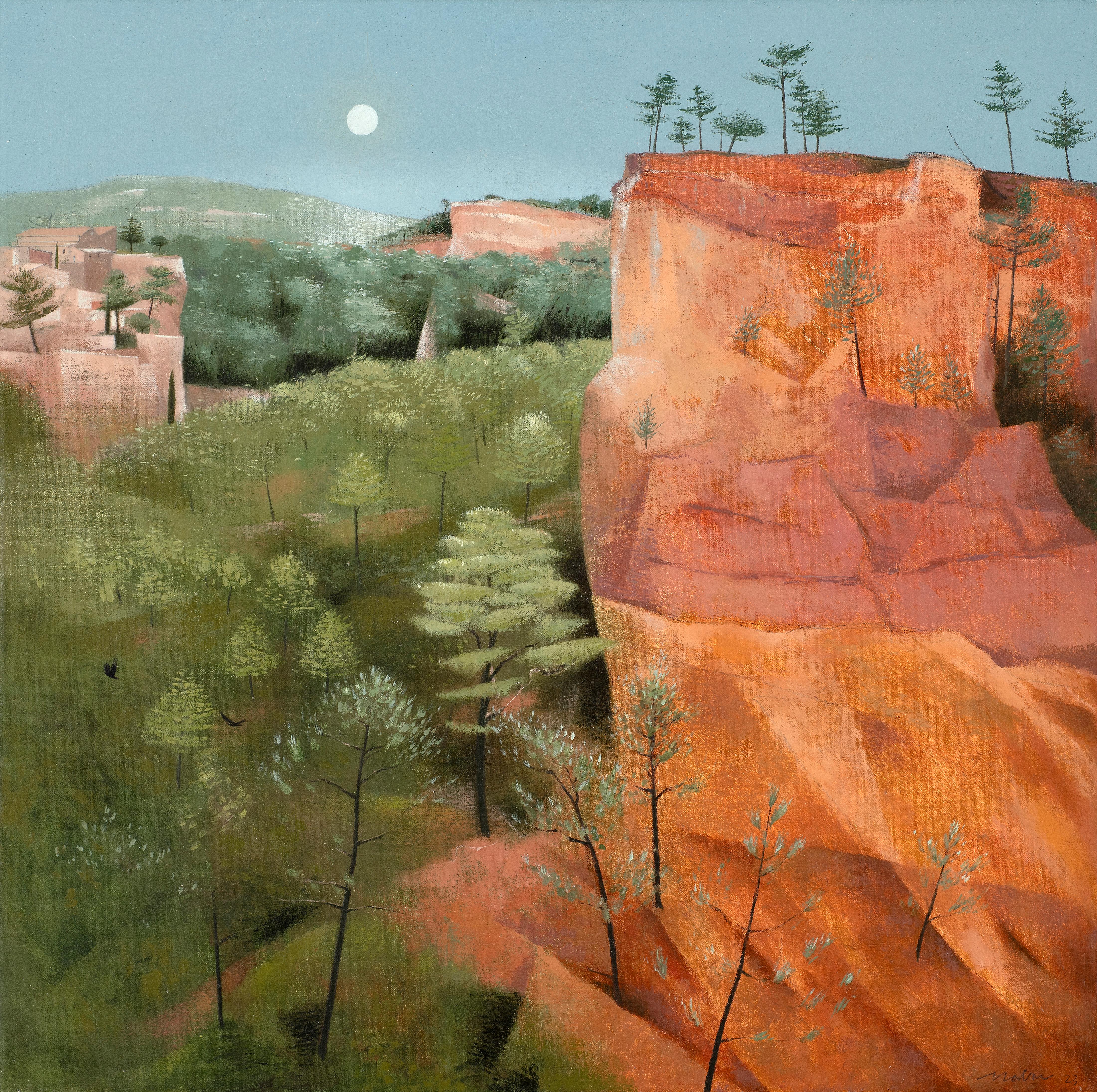 Tom Mabon Figurative Painting - FULL MOON OVER ROUSSILLON