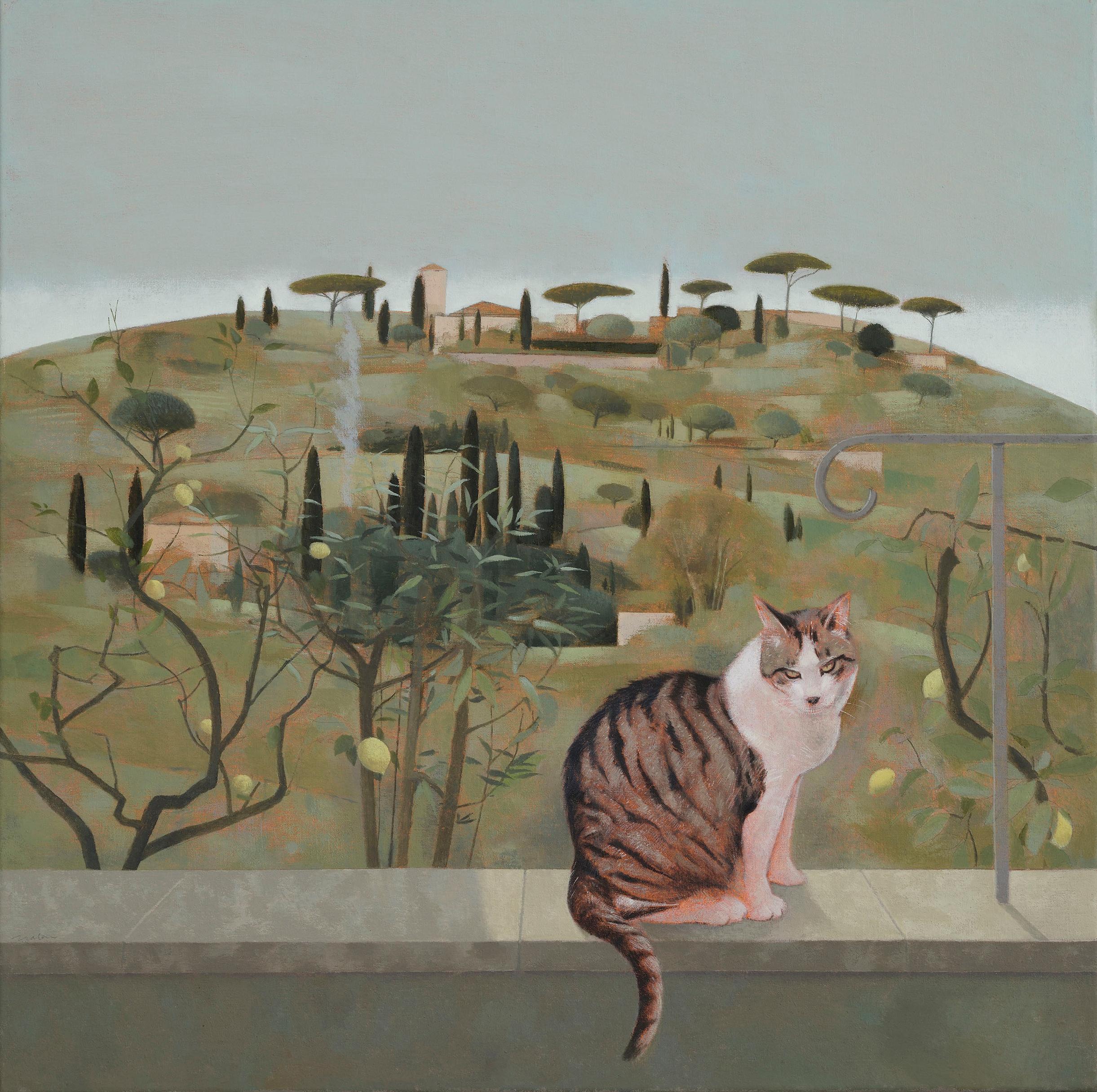 Hillside and Cat at Fiesole - Painting by Tom Mabon