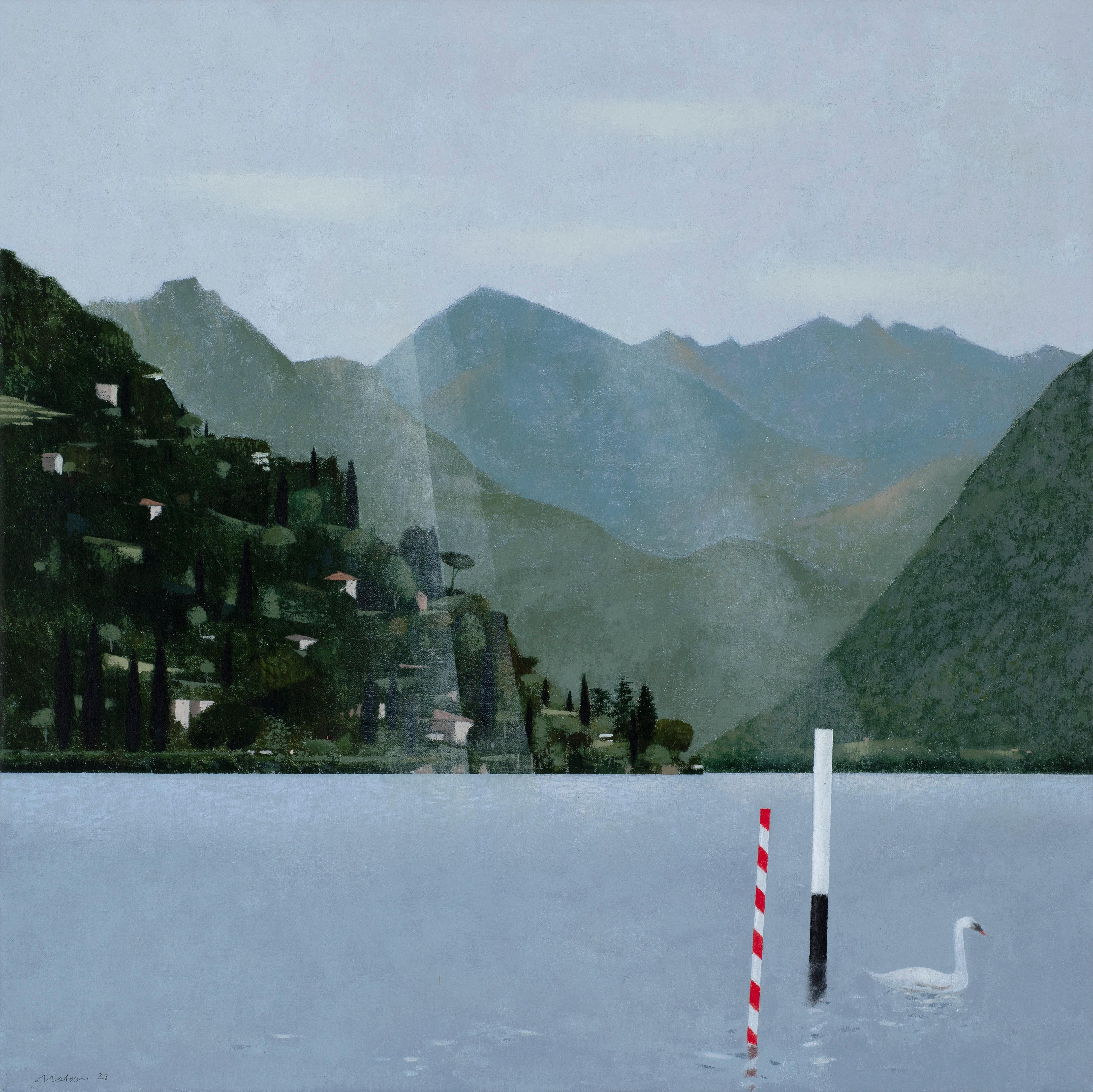 Tom Mabon Landscape Painting – SCHIEN DER TAG KLAR. LUGANO-SEE
