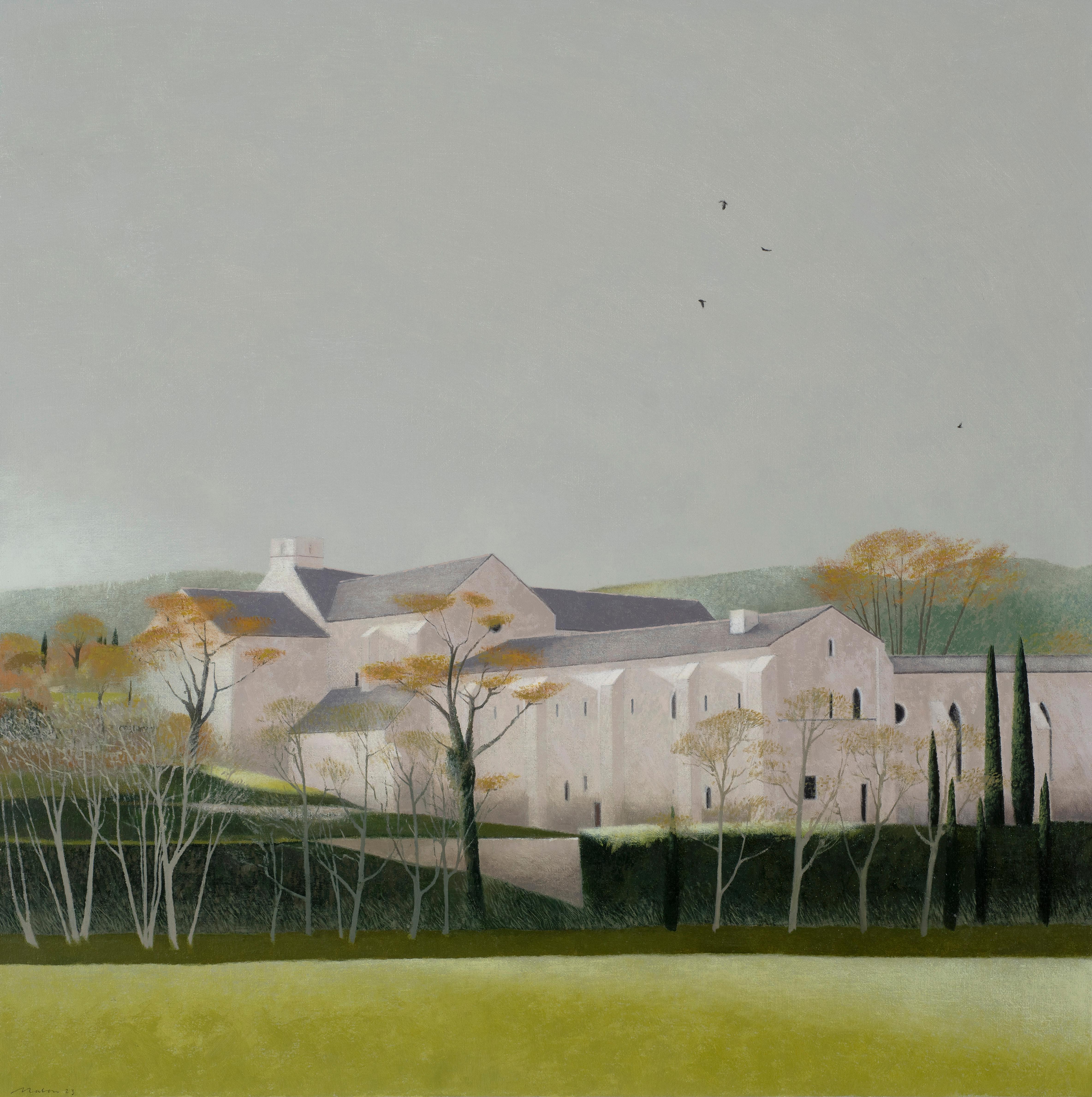 Tom Mabon Landscape Painting – DIE SONNE STEHT VOR DER MORGENGLOCKE. SILVACAN-ABTEI