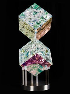 '4" Double Cube' Cut, Polished, Float, Glass, Crystal, Optic Dichroic Sculpture