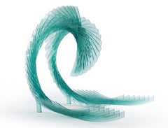 "Gran Nalu" Tom Marosz, Escultura de vidrio tallado, esmerilado, pulido, flotante, azul celeste