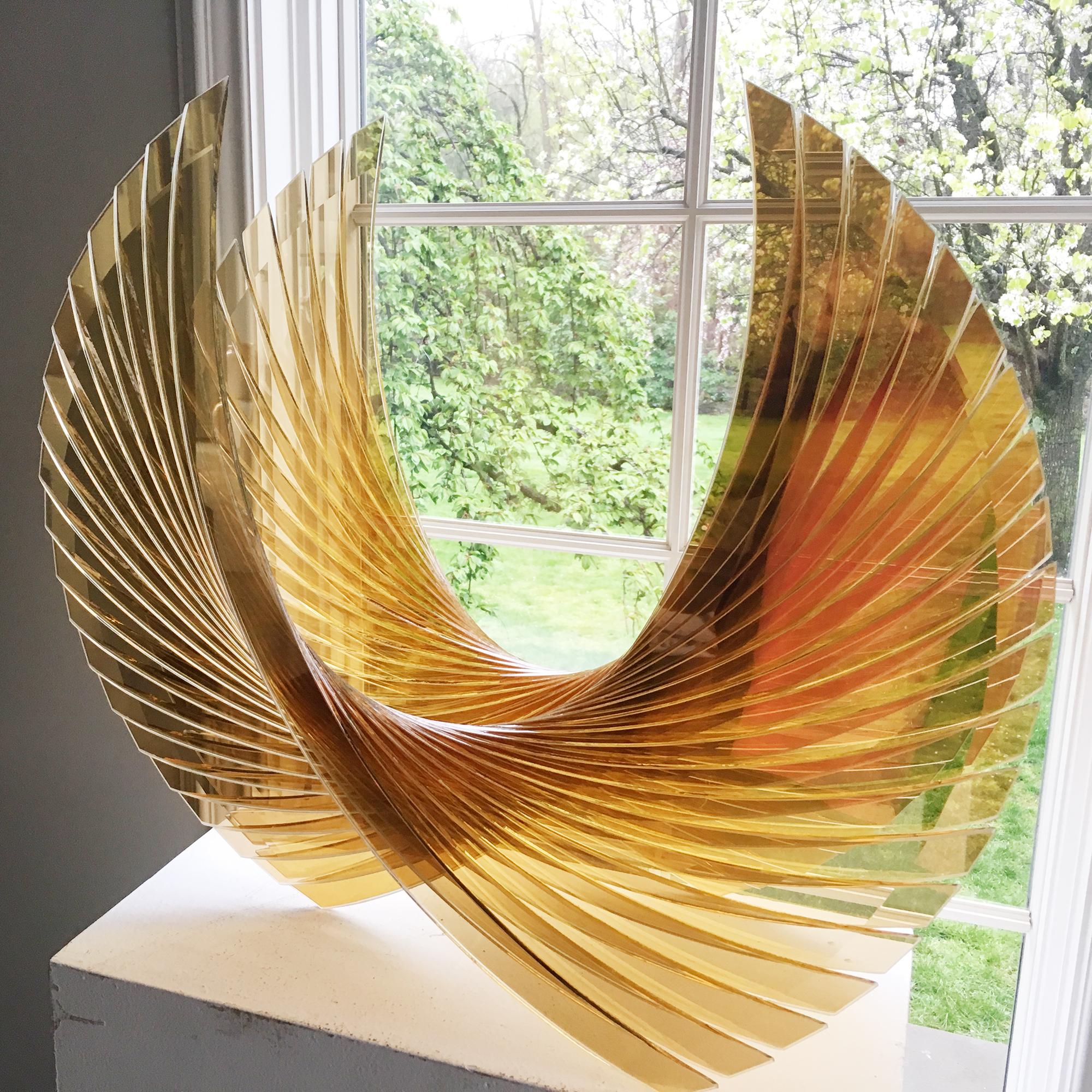 Tom Marosz Abstract Sculpture - 'Gold Amber Wings', Fused, Cut and Polished Glass Sculpture