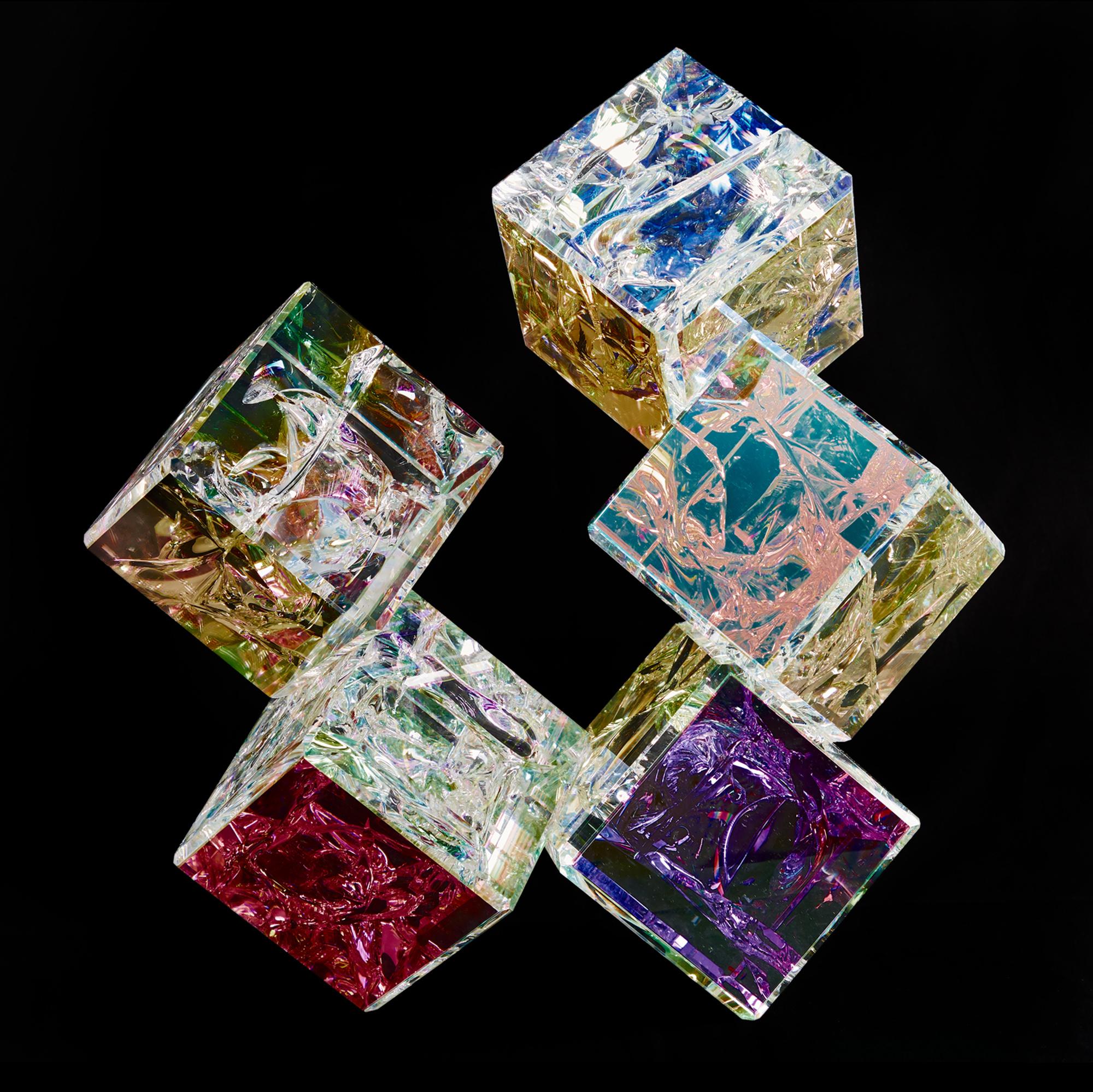 Tom Marosz Abstract Sculpture - 'Penta' Cut, Polished, Float, Glass, Crystal, Optic Dichroic Sculpture