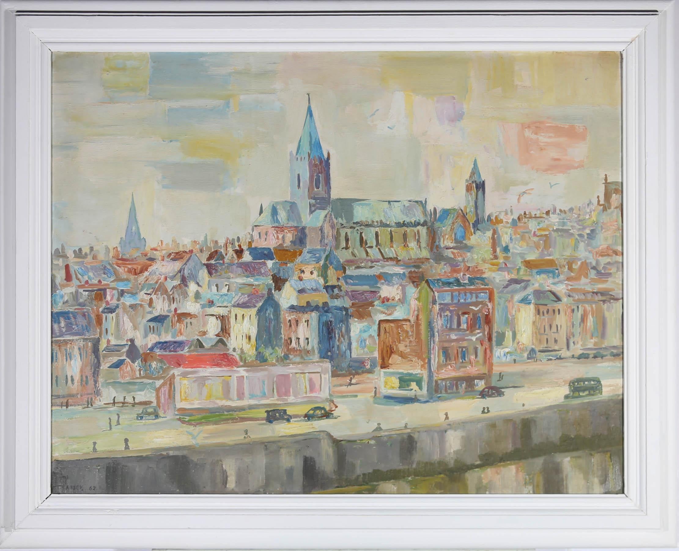 A delightful impressionist style study of a city that is thought to be Cork in the Republic of Ireland by Irish artist Tom McAssey. He captures the colourful city buildings in pastel colours with a palette knife, achieving a textured, vibrant scene.