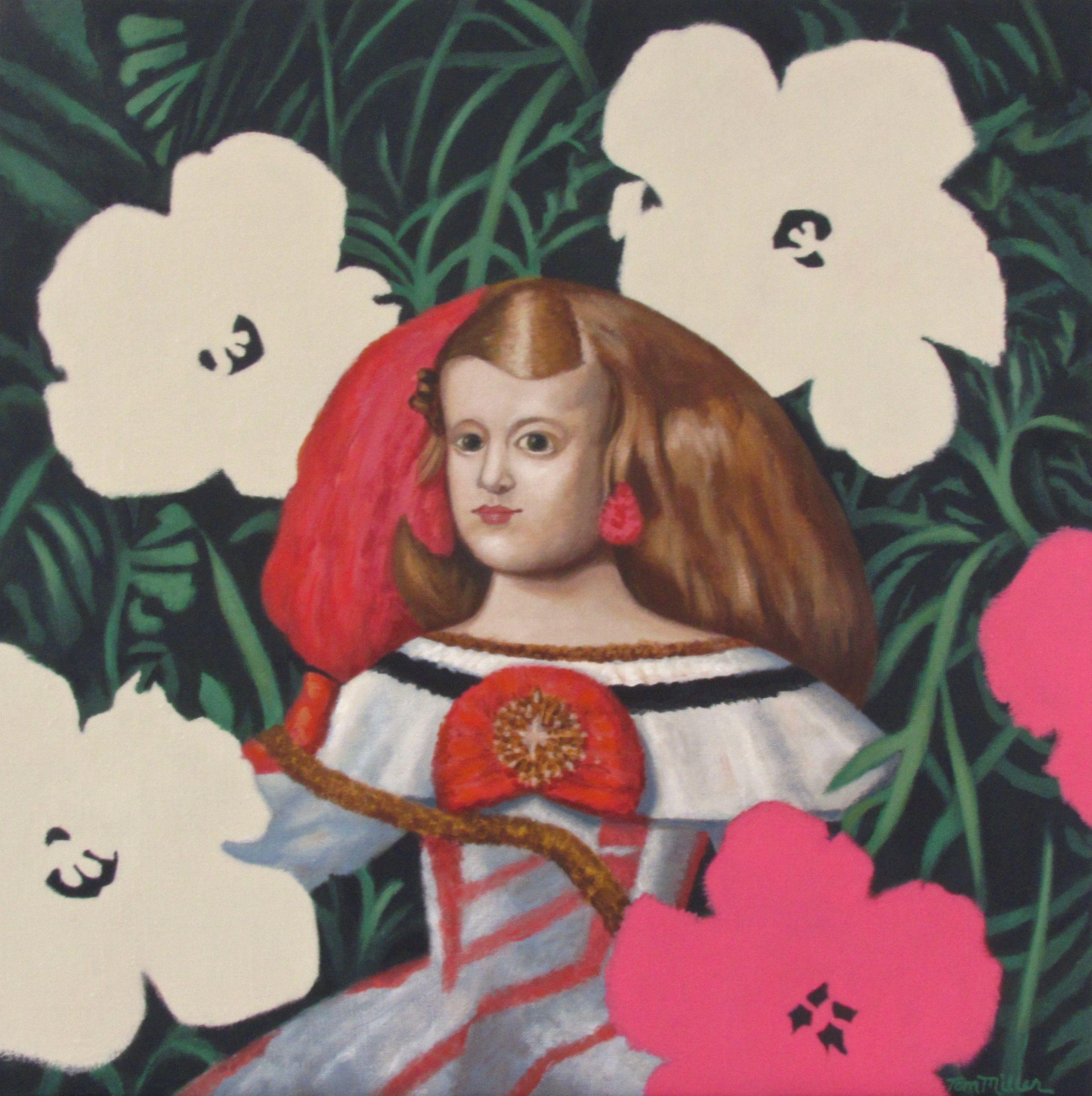 THE LITTLE PRINCESS is taken from a Baroque painting by Velazquez. She has been transported to a garden of flowers by Pop-Artist Andy Warhol.  A child in a flower garden. A world of innocent delight and  imagination.  To begin such a painting I ask