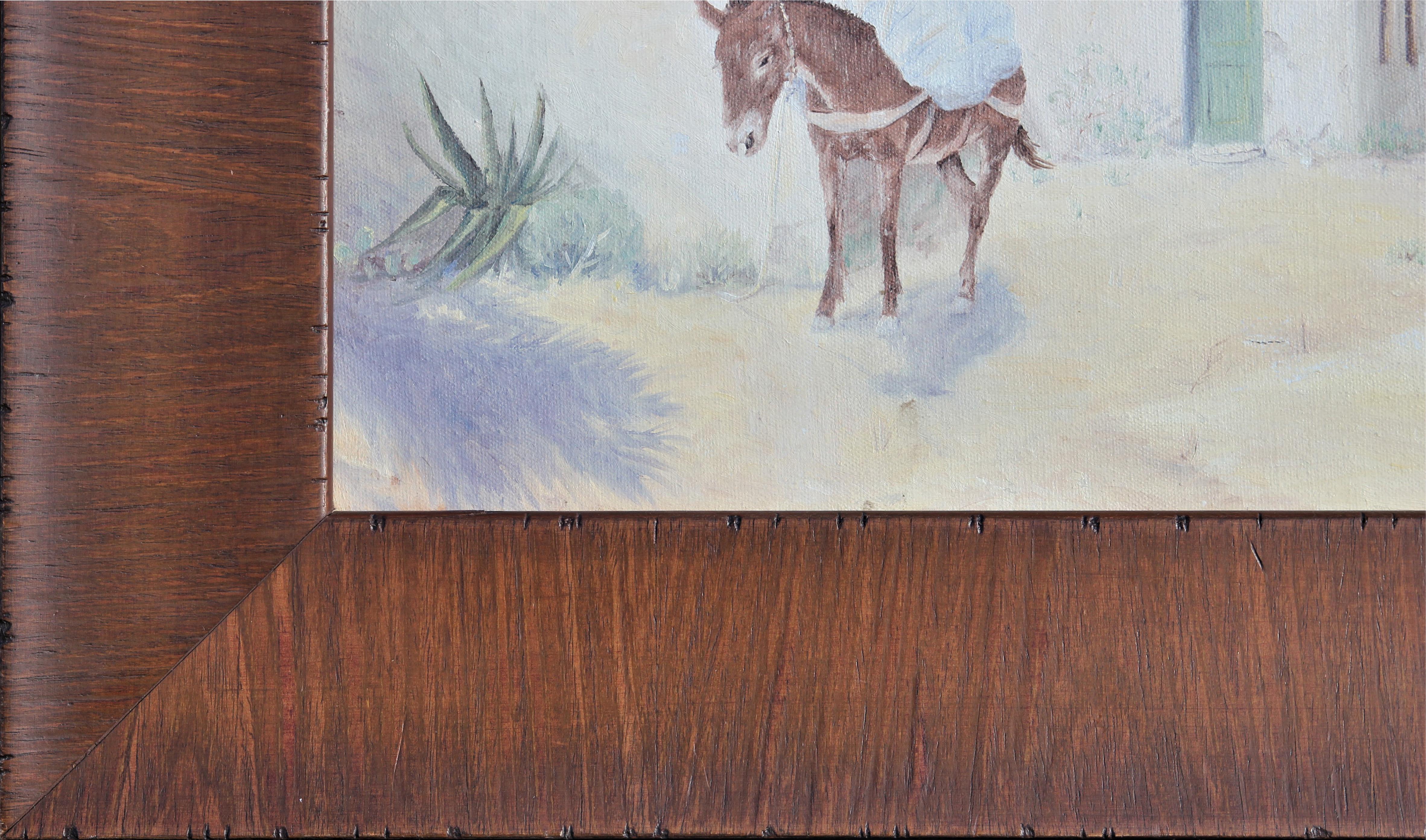 Realistic pastel toned western landscape by Texas artist, Tom Moss. Painting features a brown horse by a Southwestern-style house. Signed by the artist in the bottom right. Framed in a beautiful natural wooden frame. 

Dimensions Without Frame: H