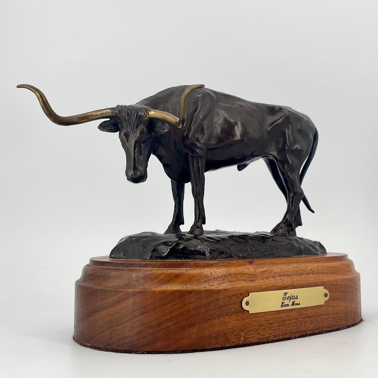 Late 20th Century Tom Moss TEJAS Bull Longhorn Cow Bronze Bull Sculpture Western Cowboy Steer