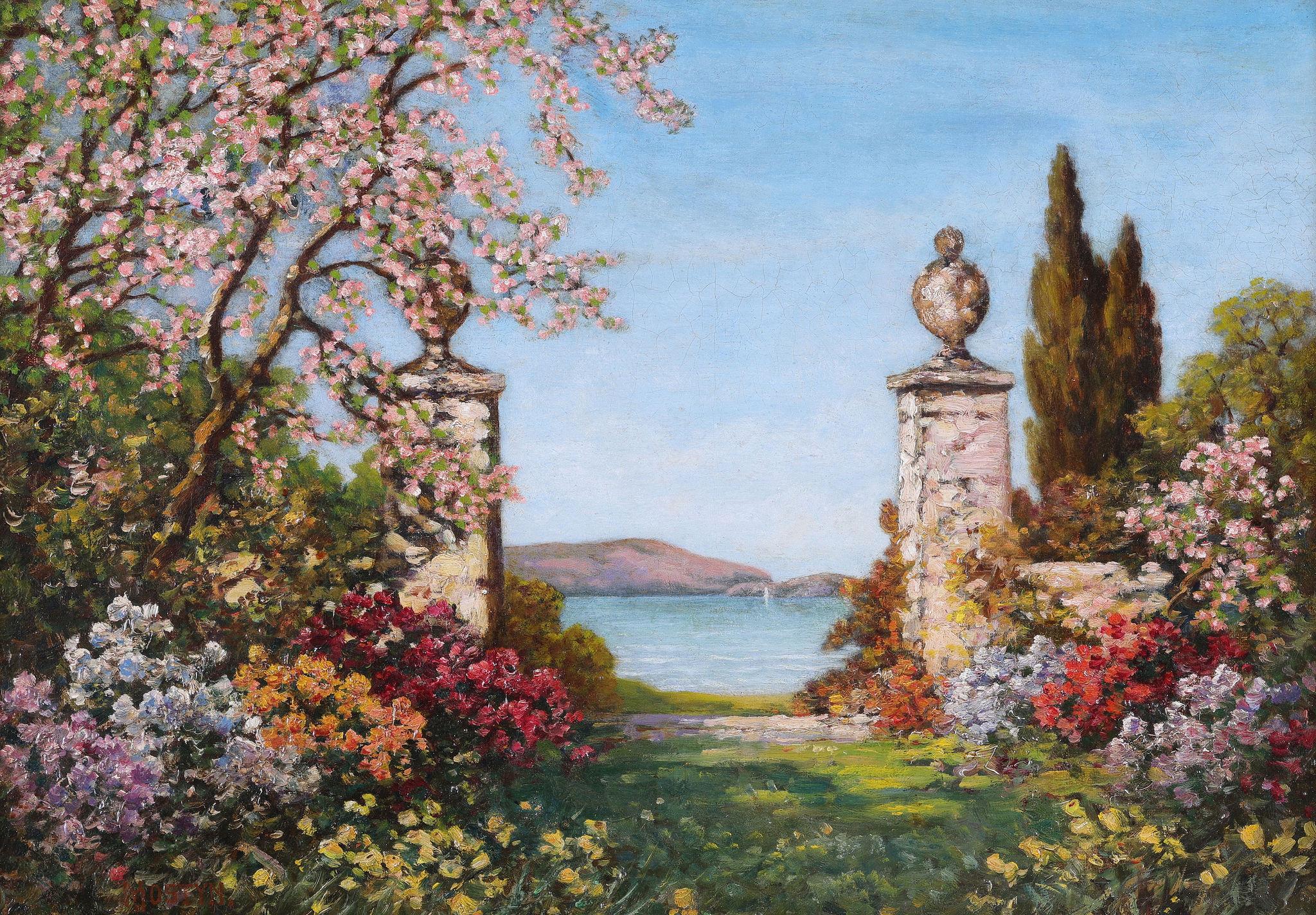 A View of a Lake through Flowers and Blossom '. Antique Painting by Tom Mostyn 1