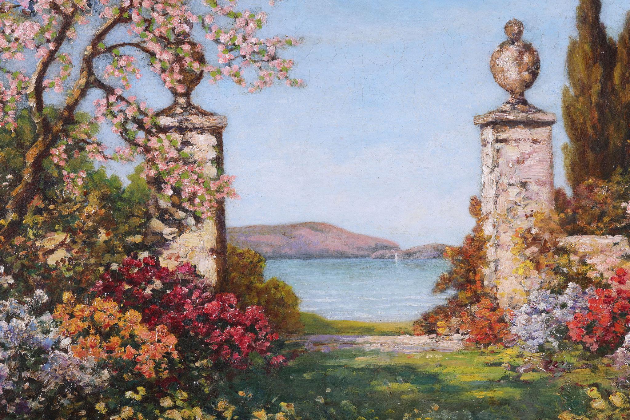 A View of a Lake through Flowers and Blossom '. Antique Painting by Tom Mostyn 2