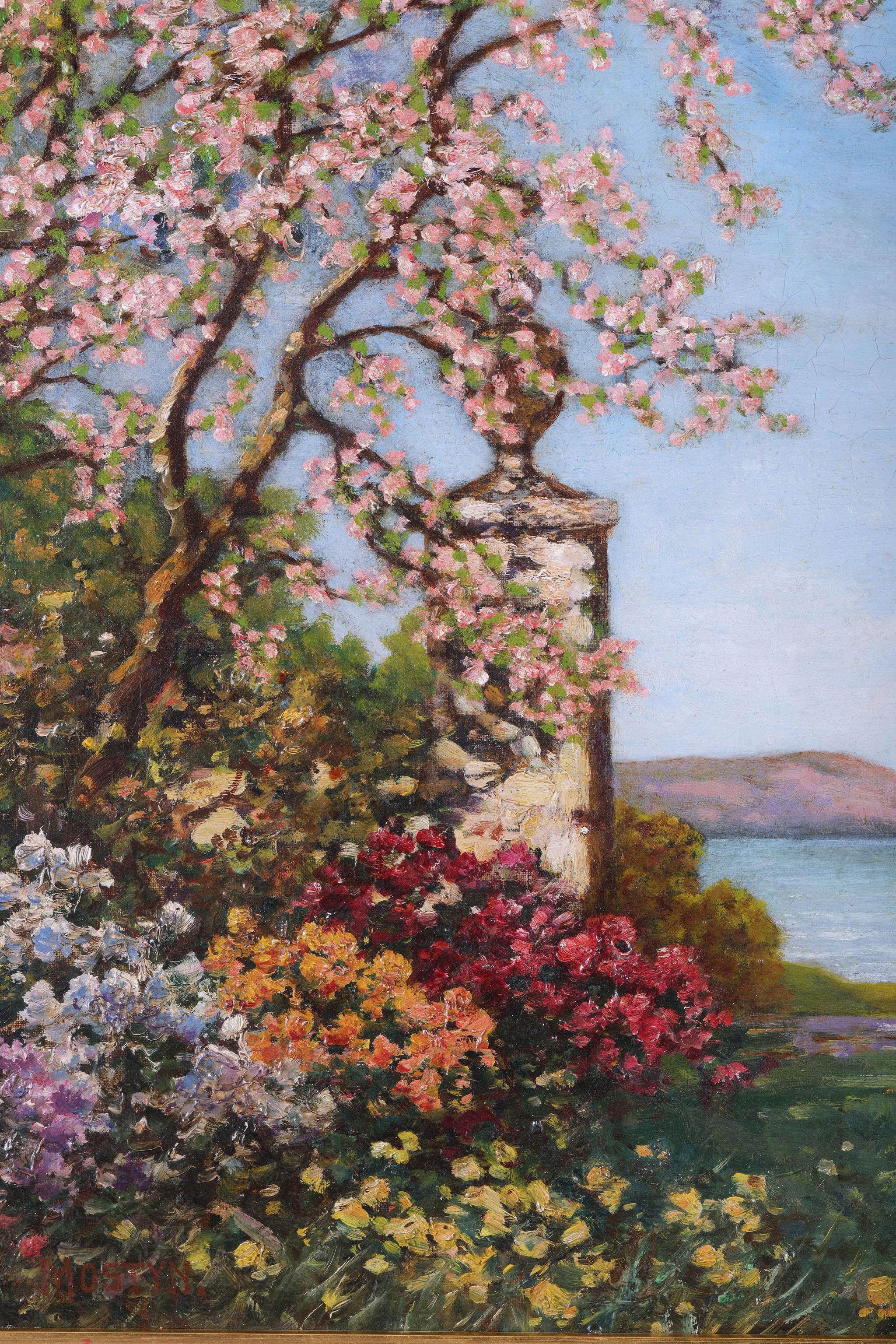 A View of a Lake through Flowers and Blossom '. Antique Painting by Tom Mostyn 3