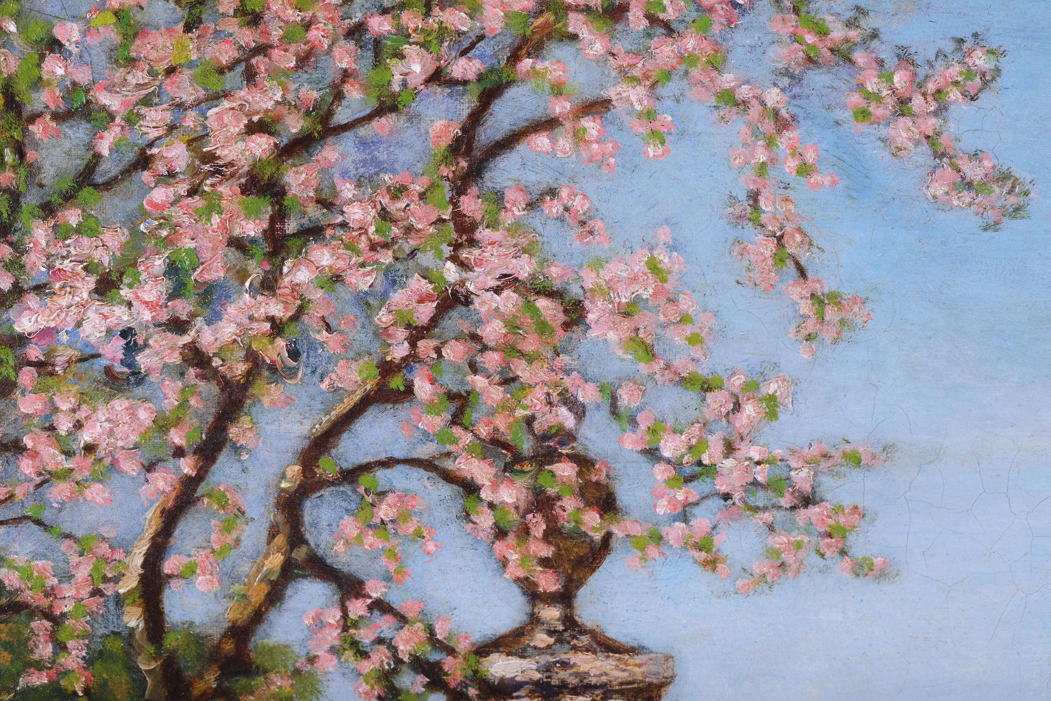 A View of a Lake through Flowers and Blossom '. Antique Painting by Tom Mostyn 4