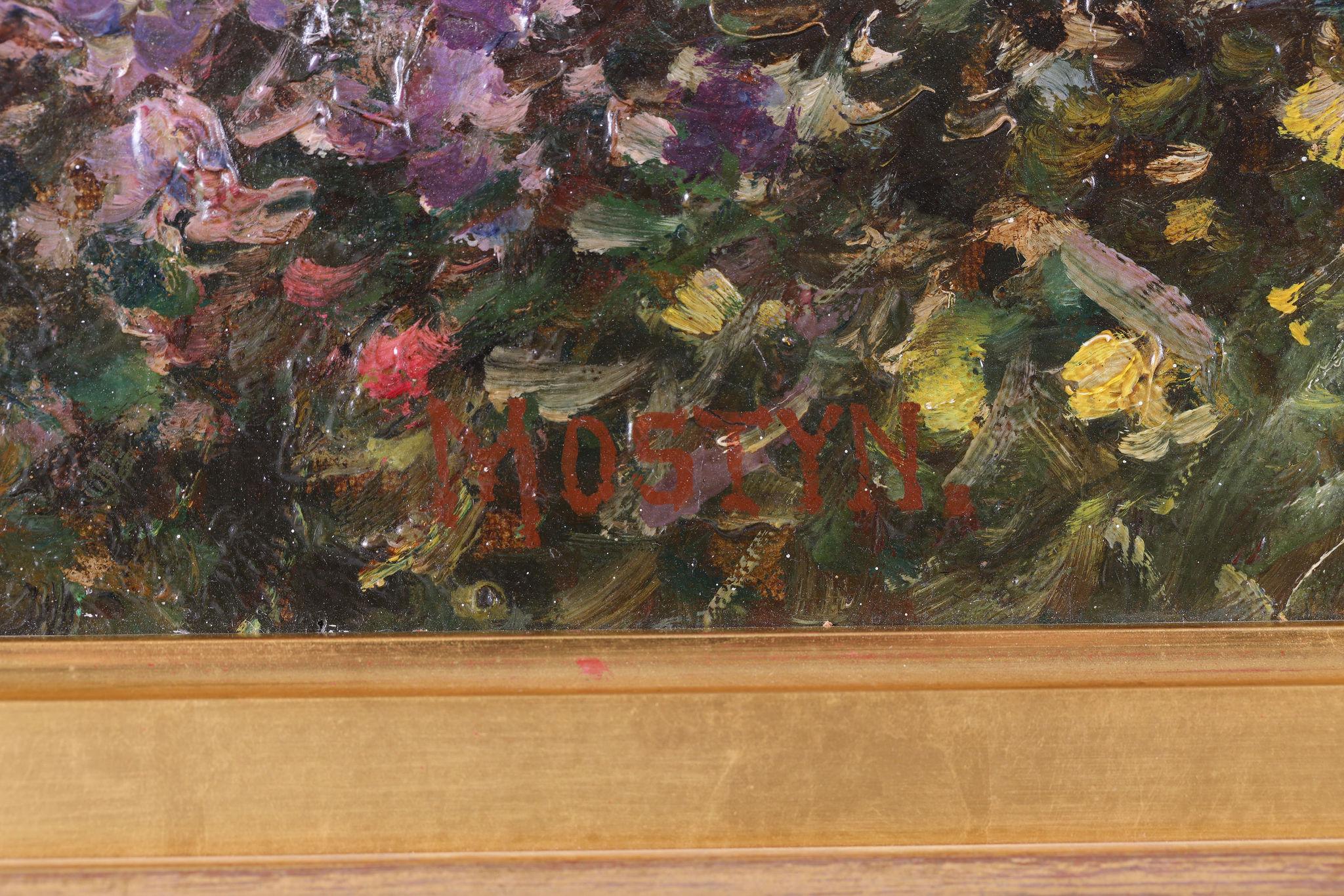 A View of a Lake through Flowers and Blossom '. Antique Painting by Tom Mostyn 6