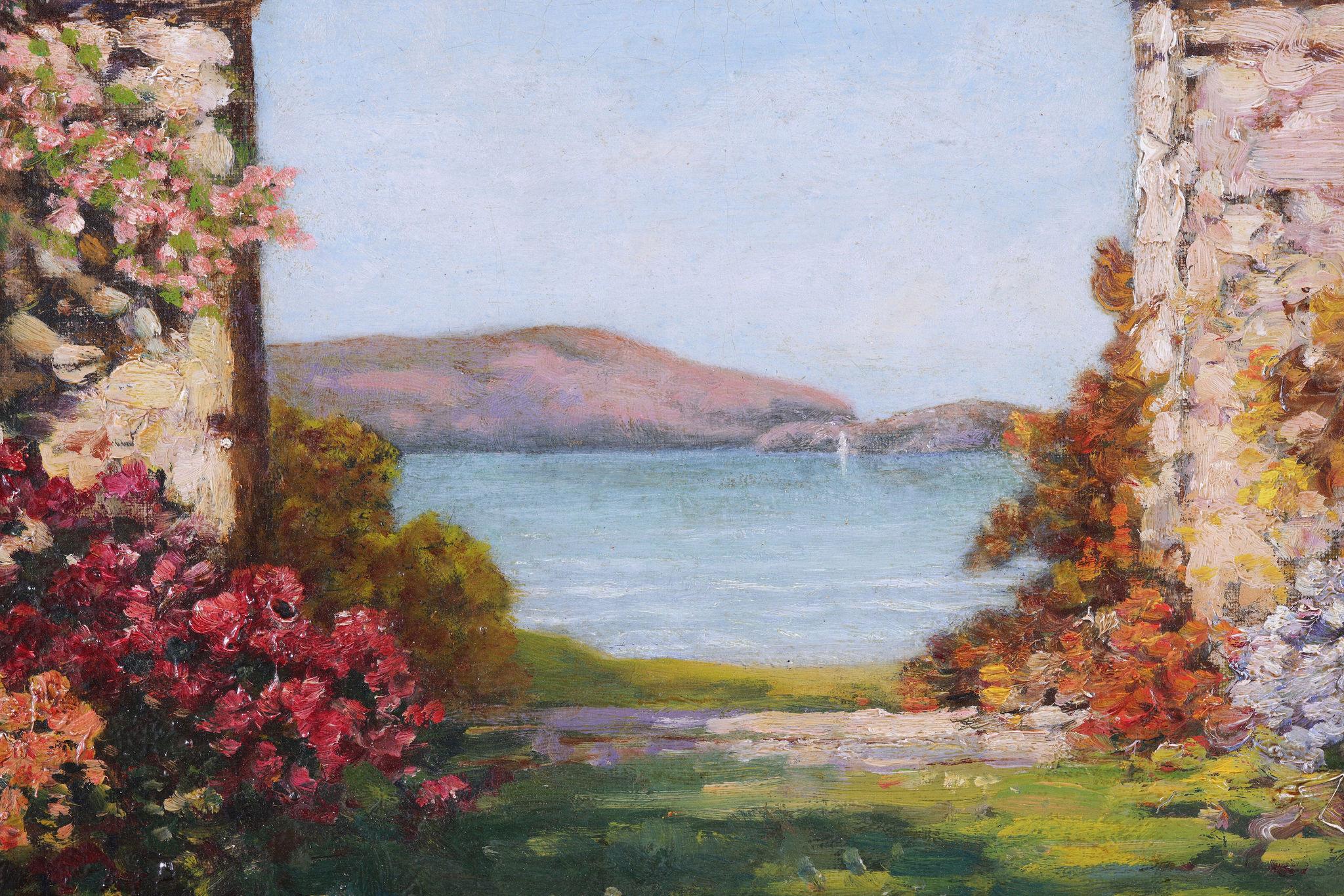 A View of a Lake through Flowers and Blossom '. Antique Painting by Tom Mostyn 7