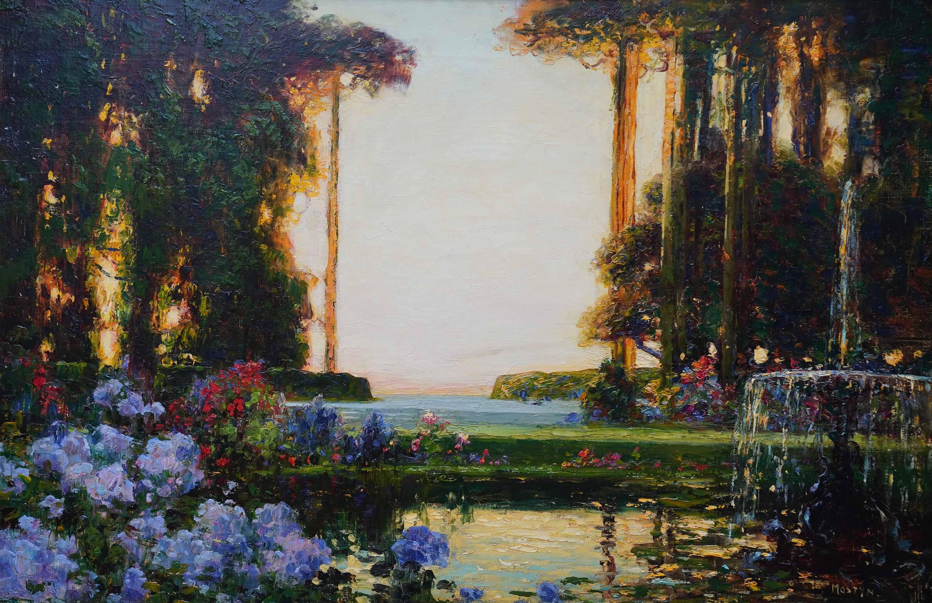 Coastal Garden - British Edwardian Impressionist art landscape oil painting - Painting by Tom Mostyn