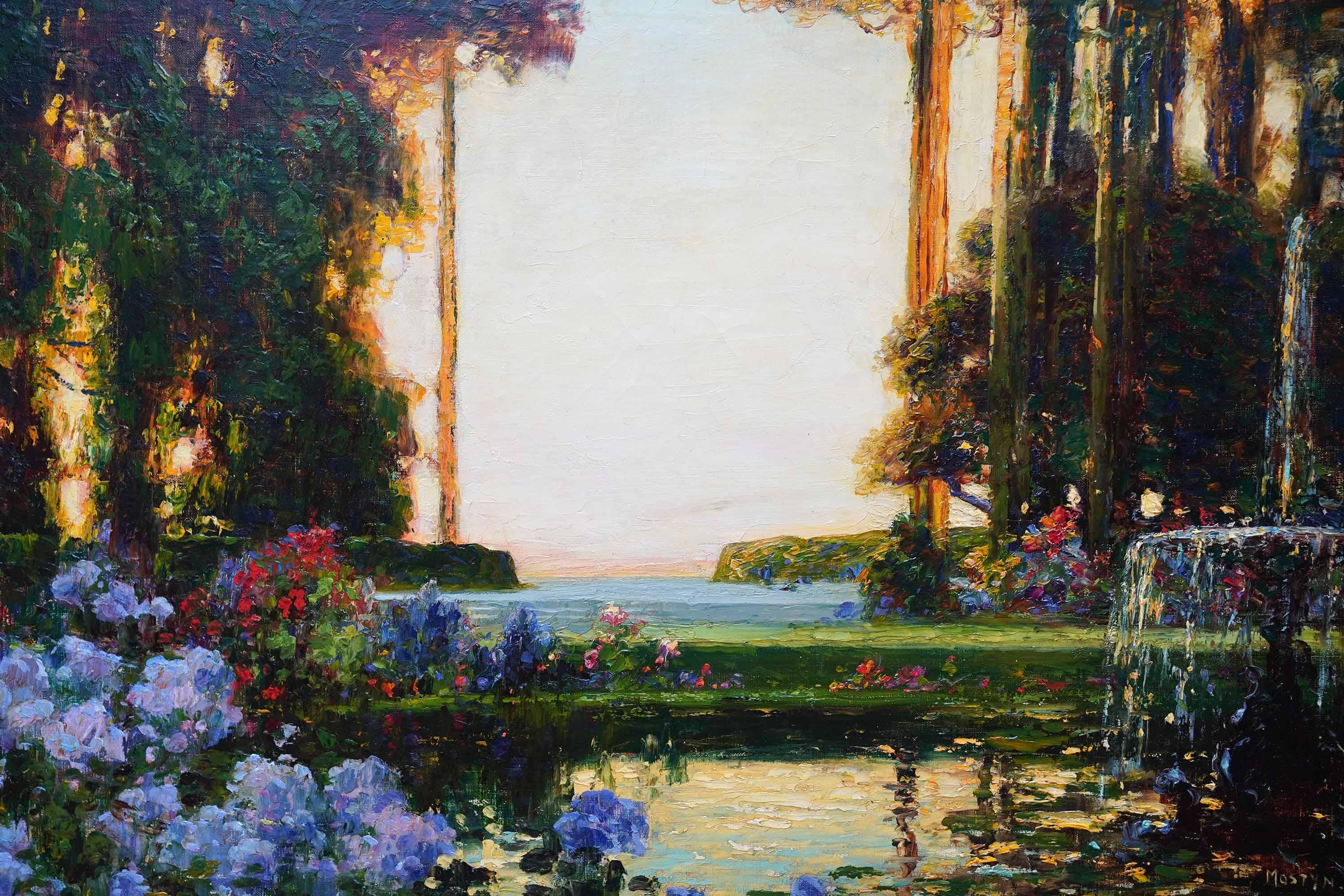 Coastal Garden - British Edwardian Impressionist art landscape oil painting - Brown Landscape Painting by Tom Mostyn