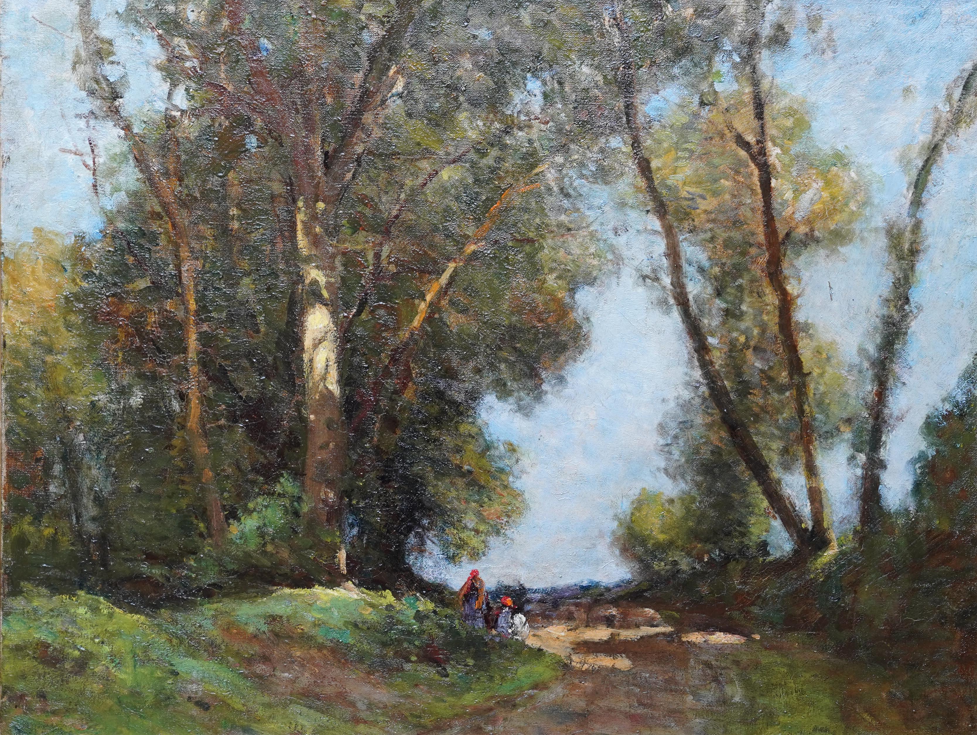 Figures on a Woodland Path - British Edwardian art landscape oil painting - Painting by Tom Mostyn