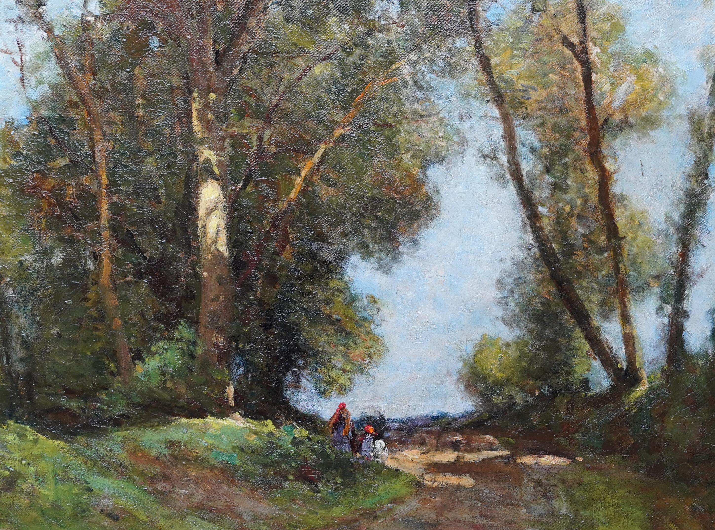 Figures on a Woodland Path - British Edwardian art landscape oil painting - Impressionist Painting by Tom Mostyn