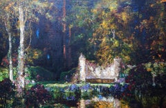 Garden Landscape with Pool - British 1920's Impressionist art oil painting