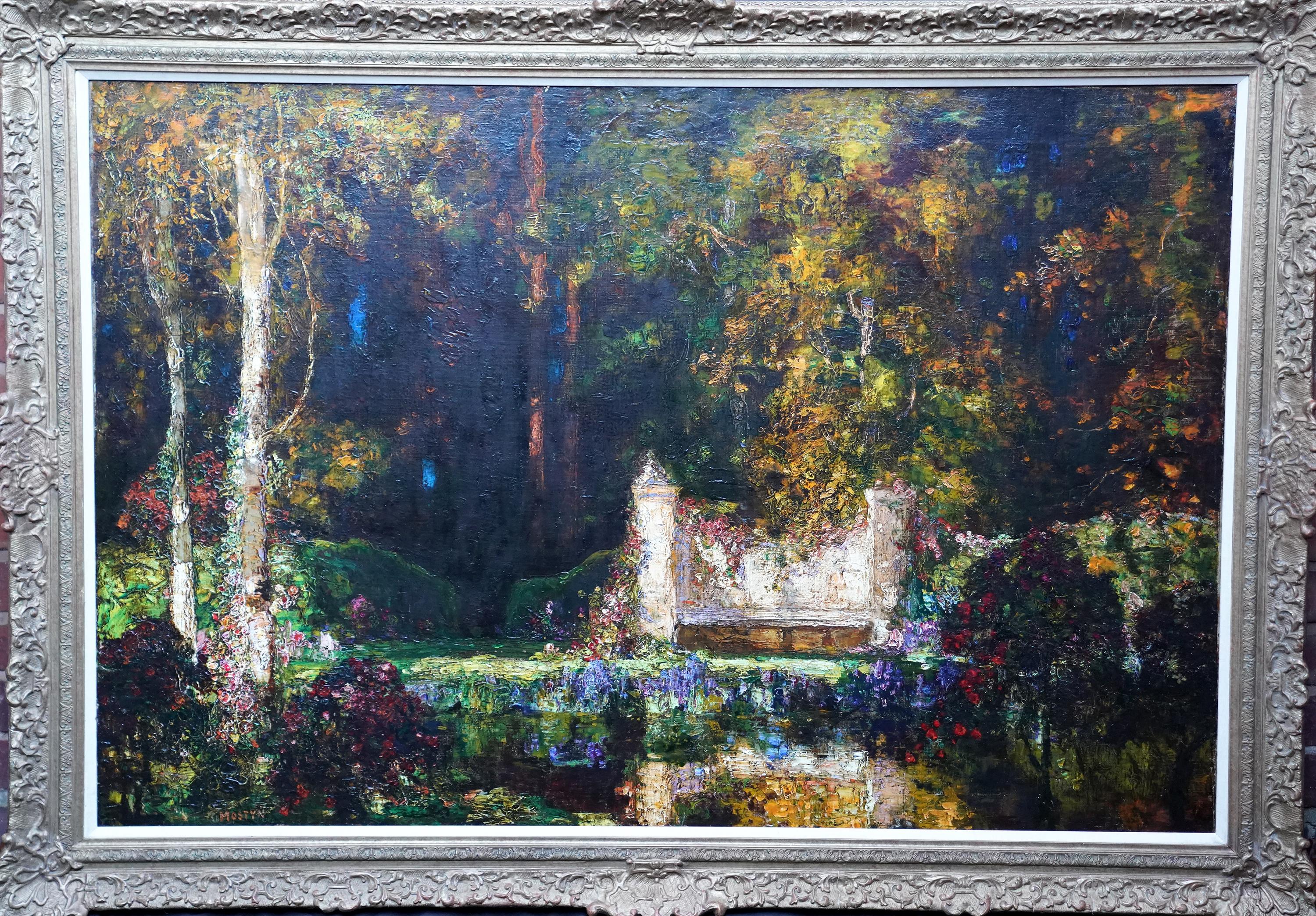 Garden Landscape with Pool - British 1920
s Impressionist art oil painting