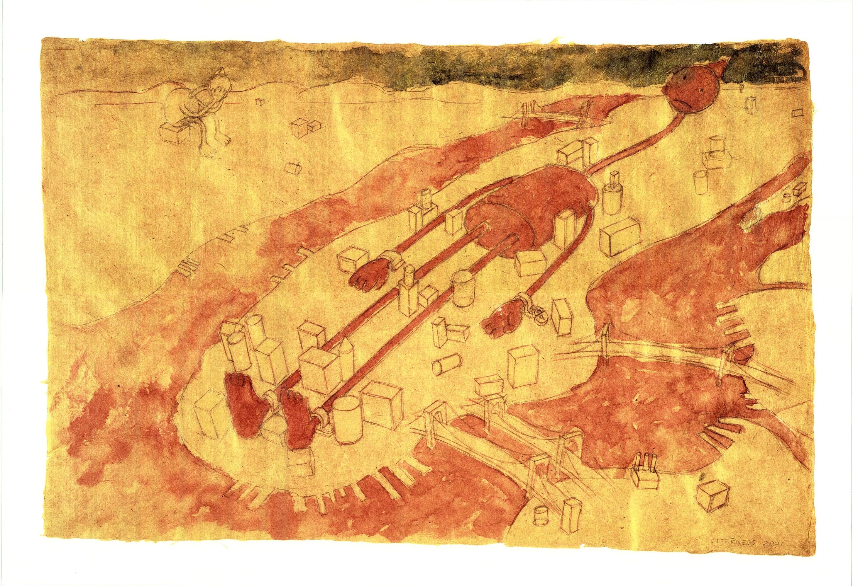 This offset lithograph by acclaimed American sculptor Tom Otterness was created in remembrance of the September 11 attacks. In his signature visual language—simple yet emotionally resonant—Otterness depicts a lone, cartoon-like figure standing