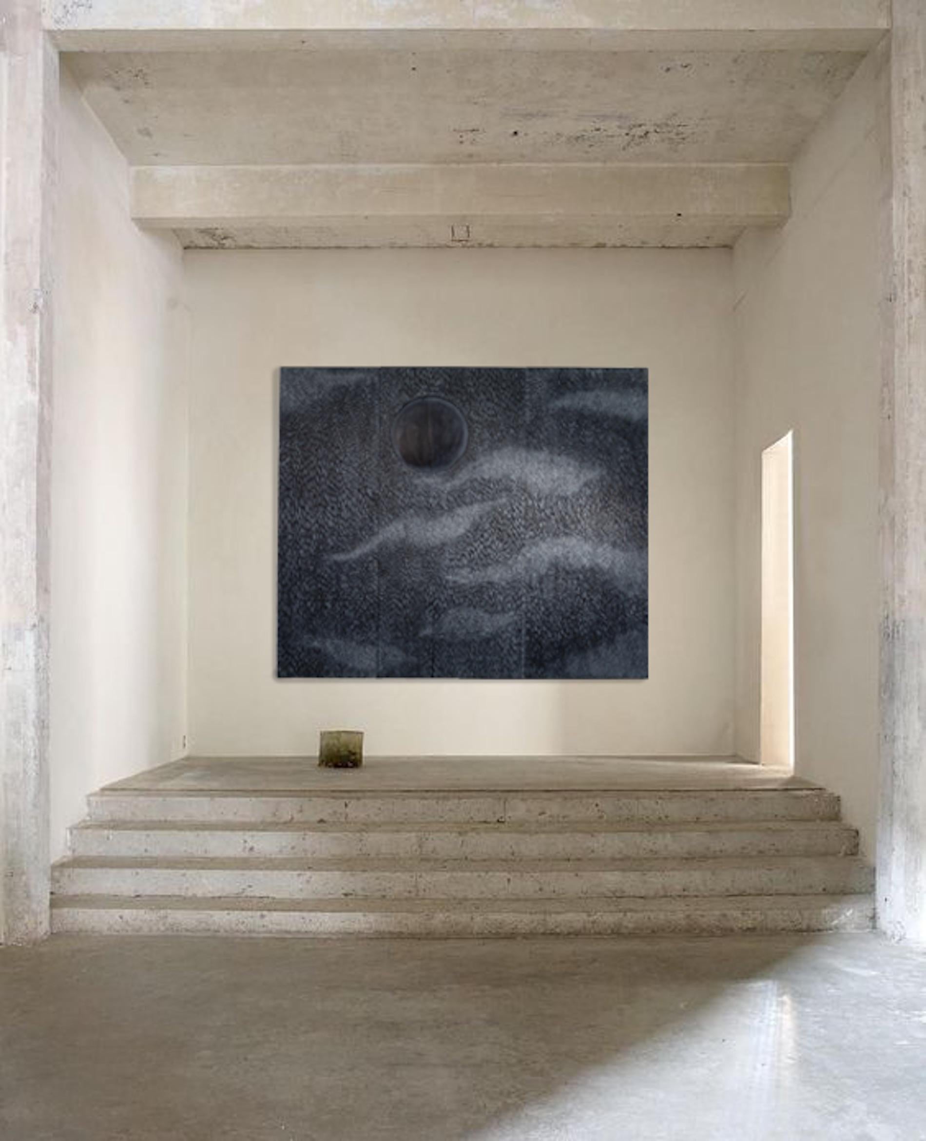Tom Palmer Landscape Painting - MOON POOL - serene hand carved wall mounted screen depicting moonlit water