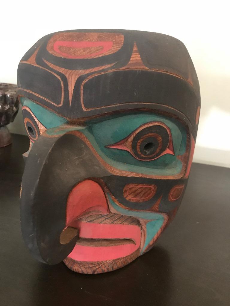 A fantastic mask by renowned Pacific Northwest Coast artist Tom Patterson.

Tom Patterson, born in 1962 in Victoria, British Columbia and a member of the Nuu-Chah-Nulth Nation of Vancouver Island, began carving in 1977 at the Arts of the Raven