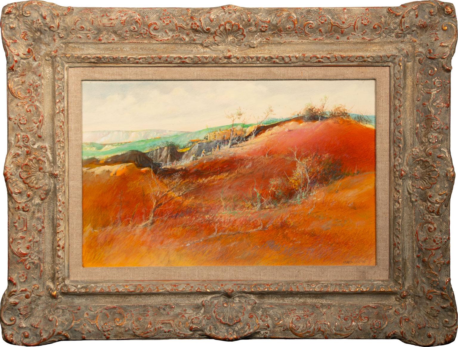 "1940 - New Mexico Farmers" est une œuvre originale en techniques mixtes sur carton de Tom Perkinson. Son utilisation de violets saturés, de jaunes vifs et d'oranges resplendissants pousse la couleur vers des sphères quasi-mondaines. Le spectateur